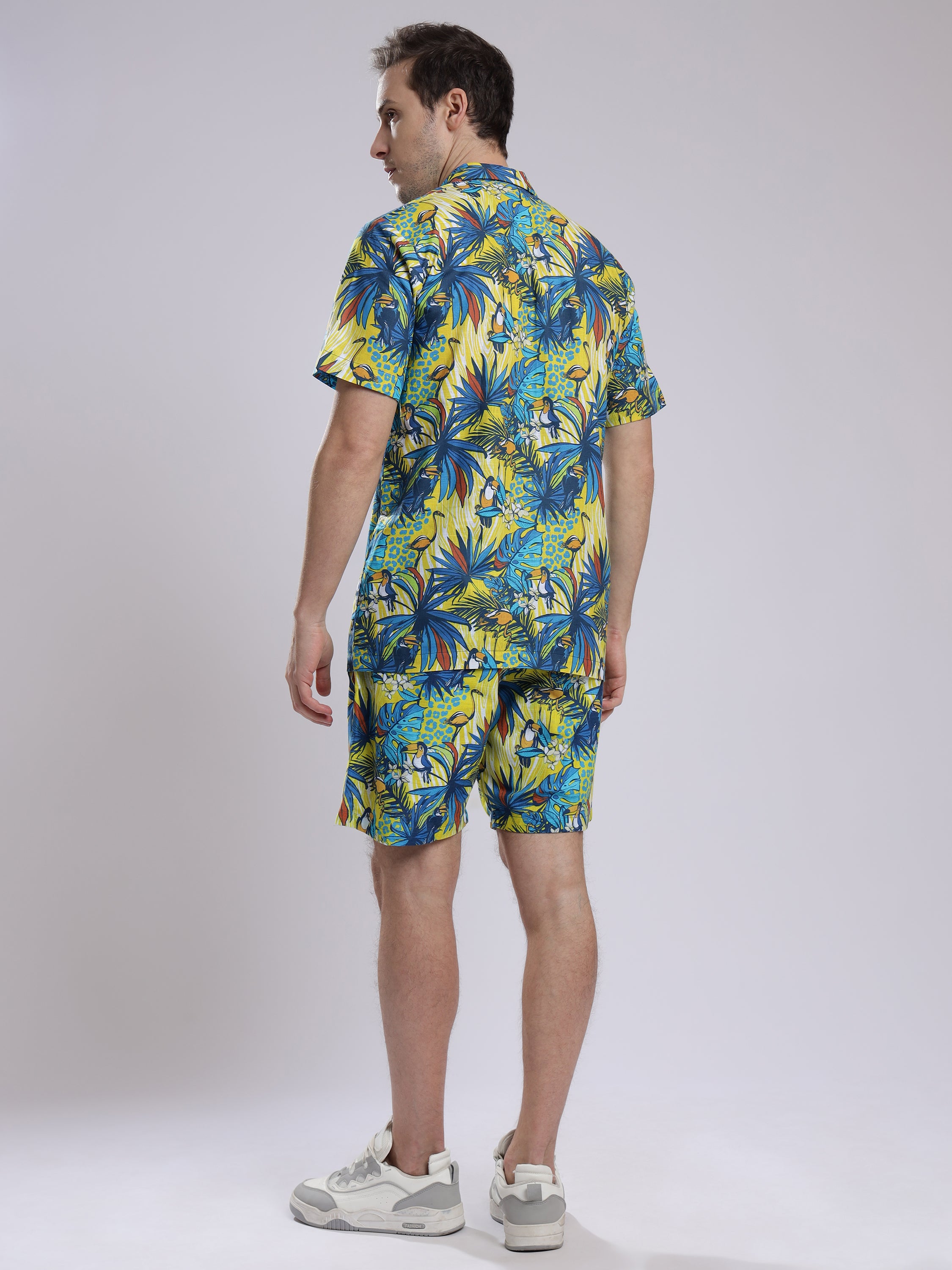 Funky Hawaiian Flamingo Leaf Linen Men's Shorts Co-Ord Set by Brand Black Jack