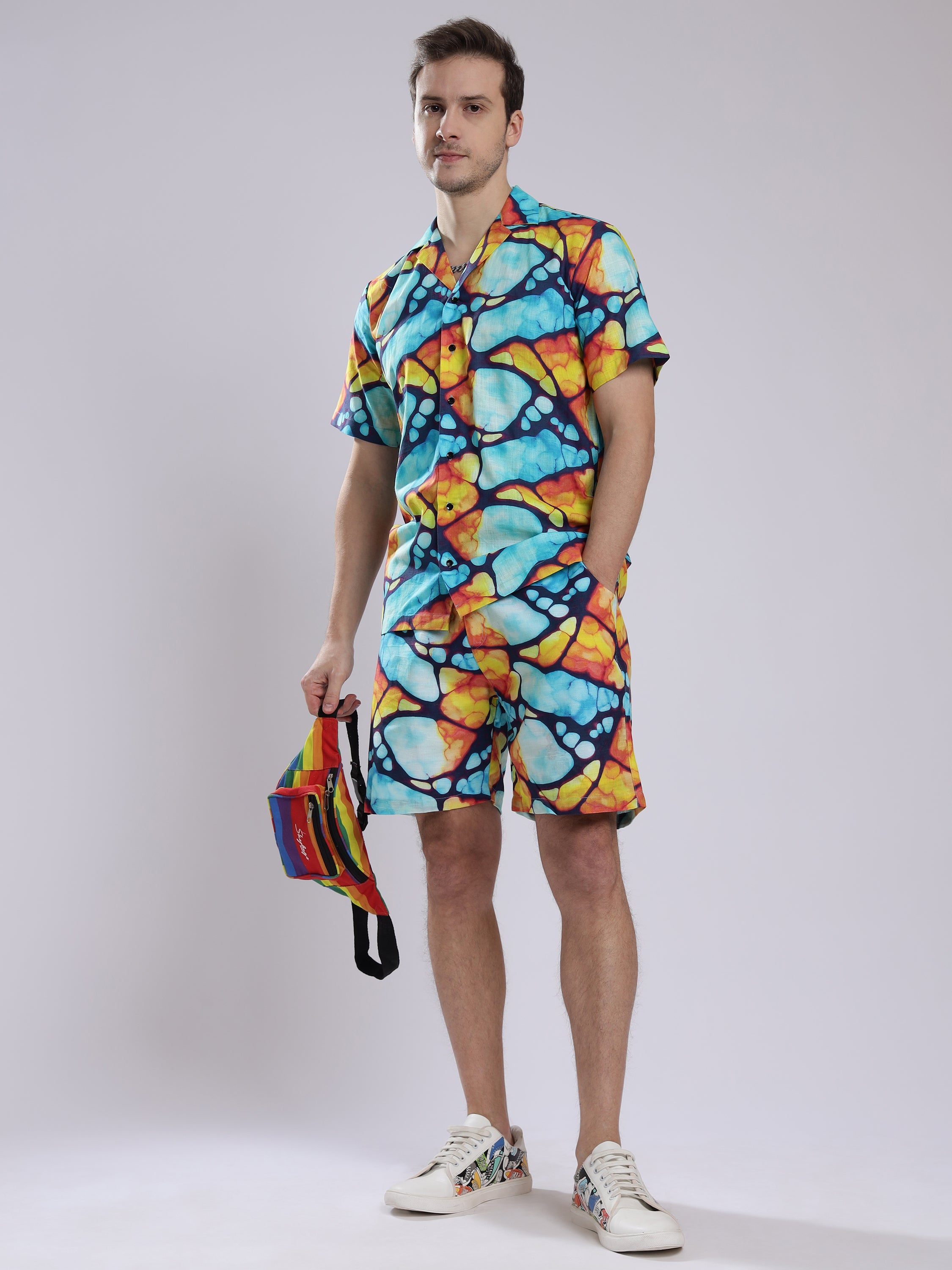 Mosaic Print Linen Men's Shorts Co-Ord Set by Brand Black Jack