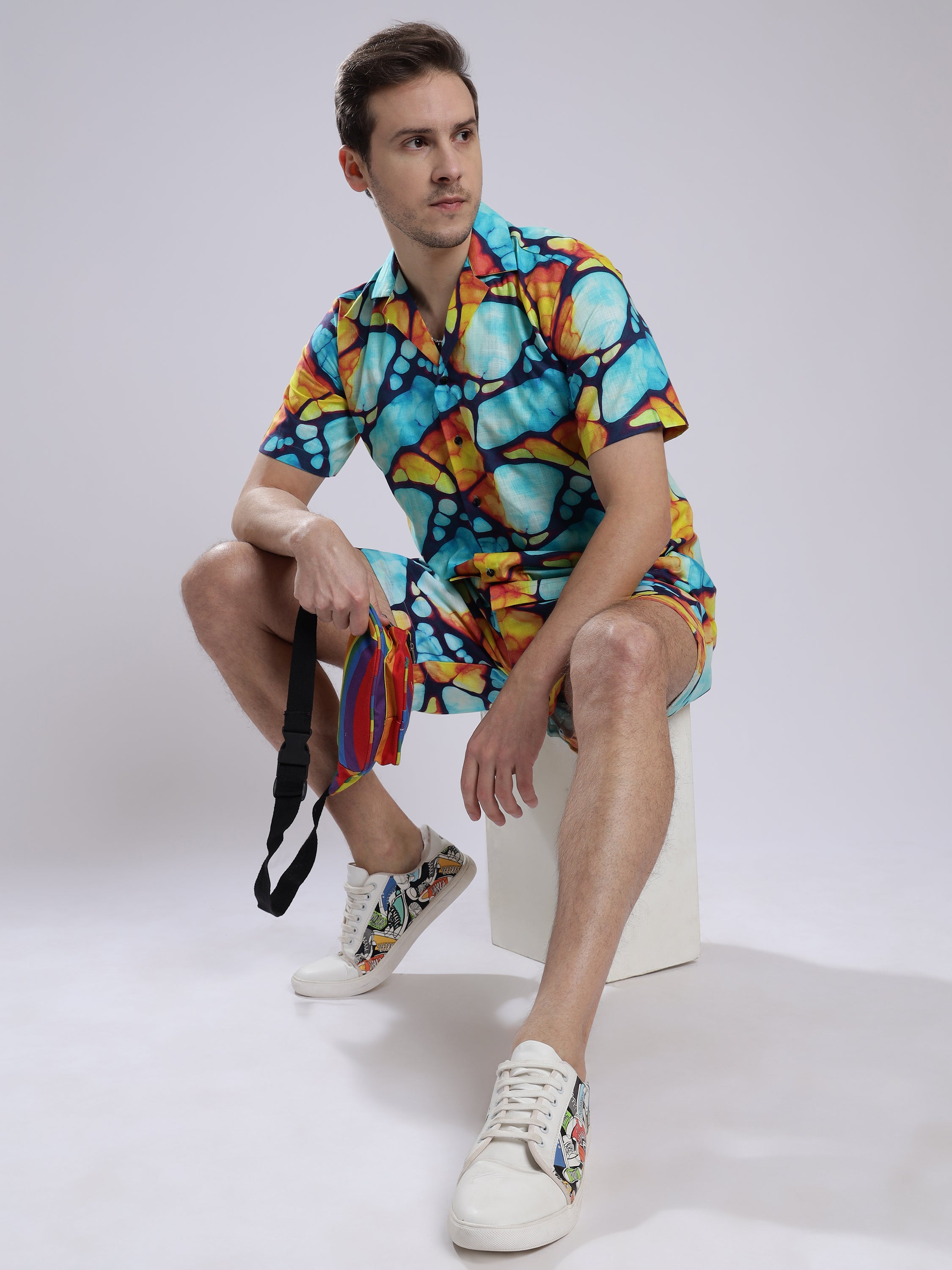 Mosaic Print Linen Men's Shorts Co-Ord Set by Brand Black Jack