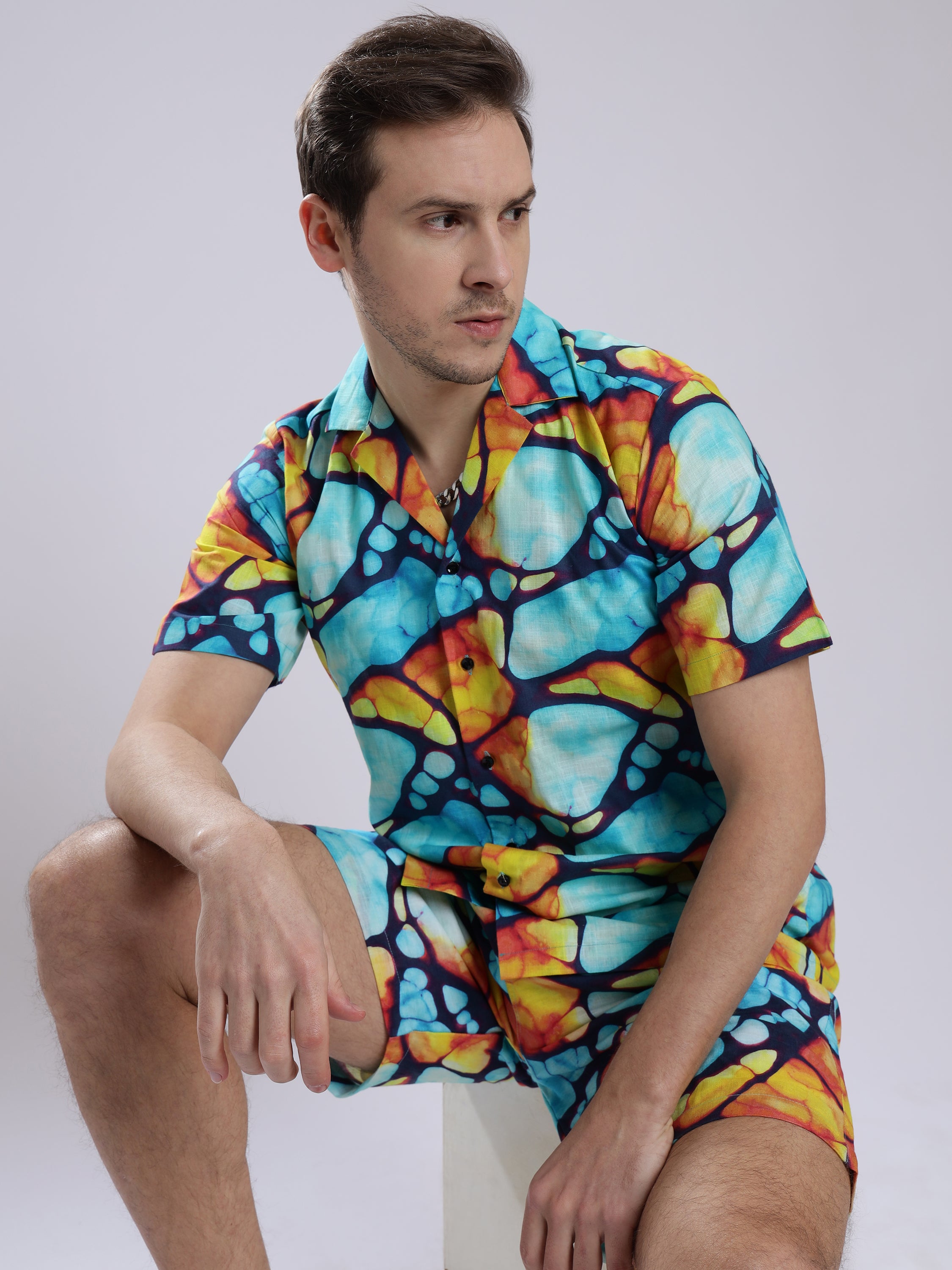 Mosaic Print Linen Men's Shorts Co-Ord Set by Brand Black Jack