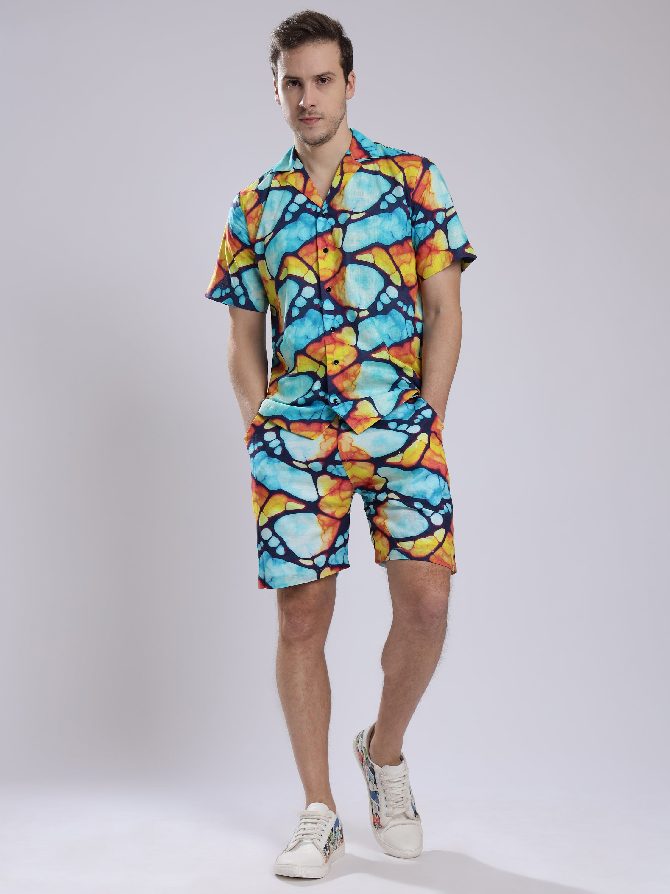 Mosaic Print Linen Men's Shorts Co-Ord Set by Brand Black Jack