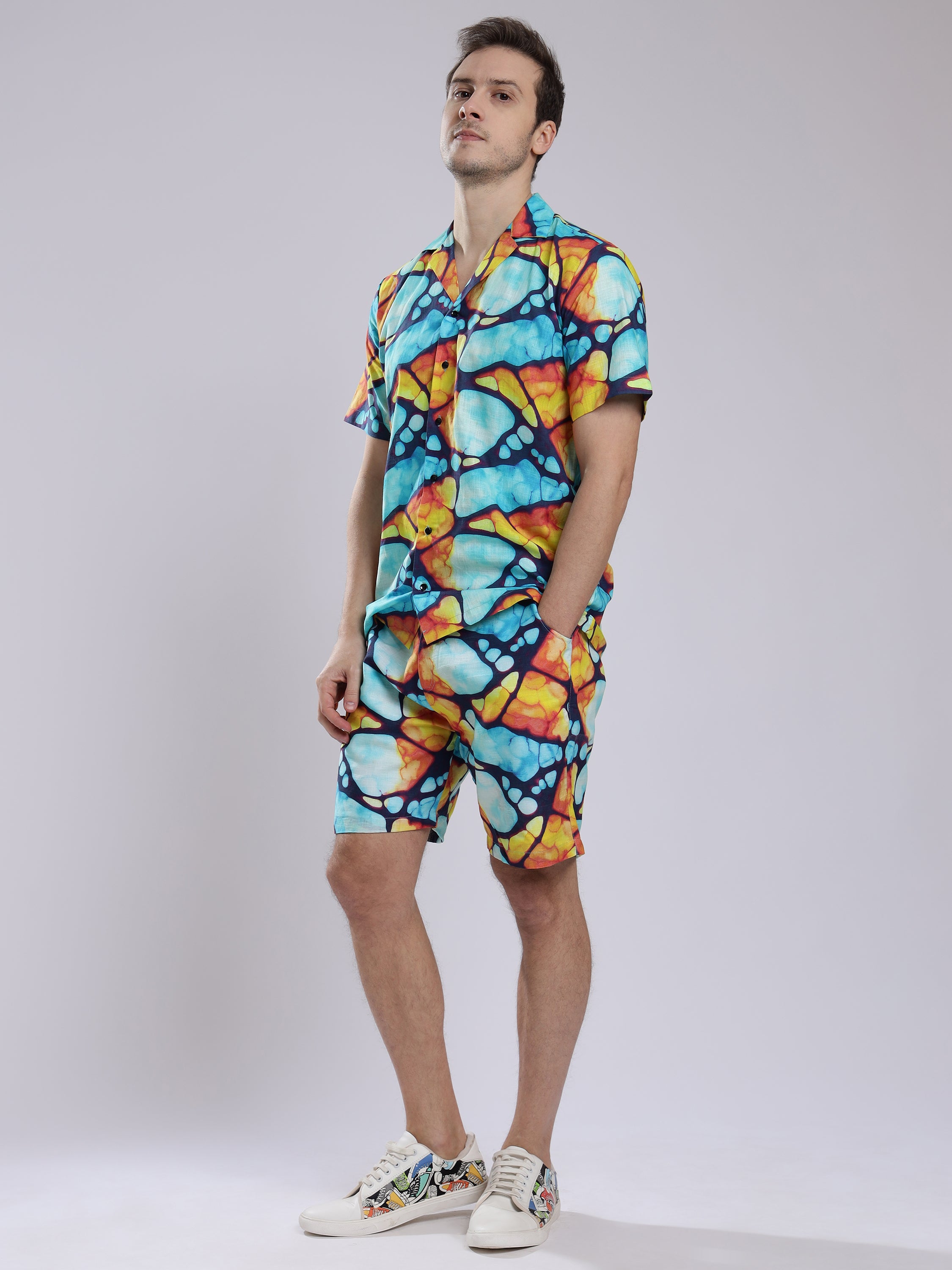Mosaic Print Linen Men's Shorts Co-Ord Set by Brand Black Jack