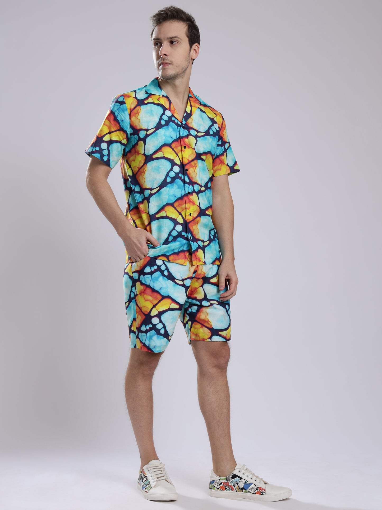 Mosaic Print Linen Men's Shorts Co-Ord Set by Brand Black Jack