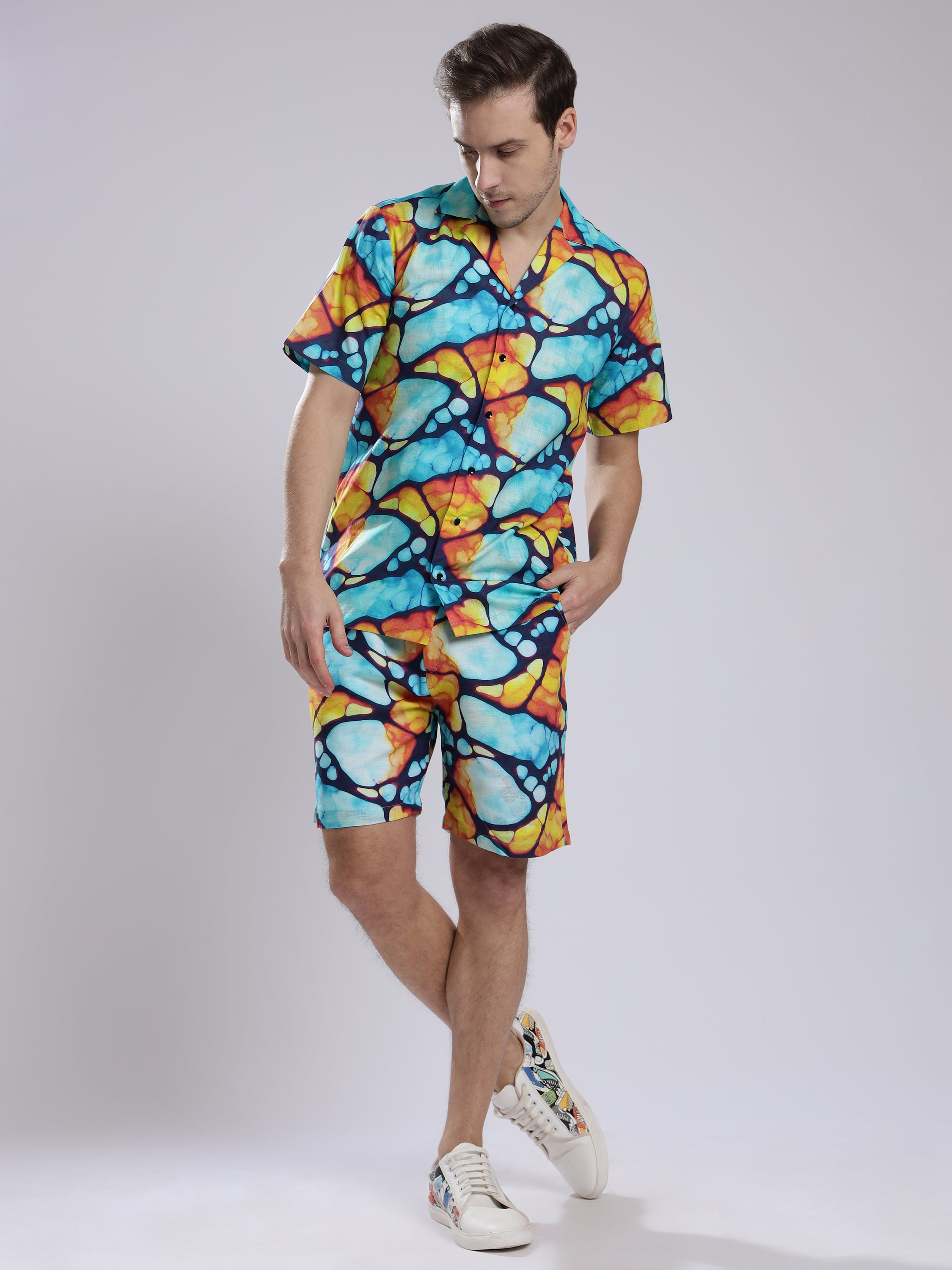 Mosaic Print Linen Men's Shorts Co-Ord Set by Brand Black Jack