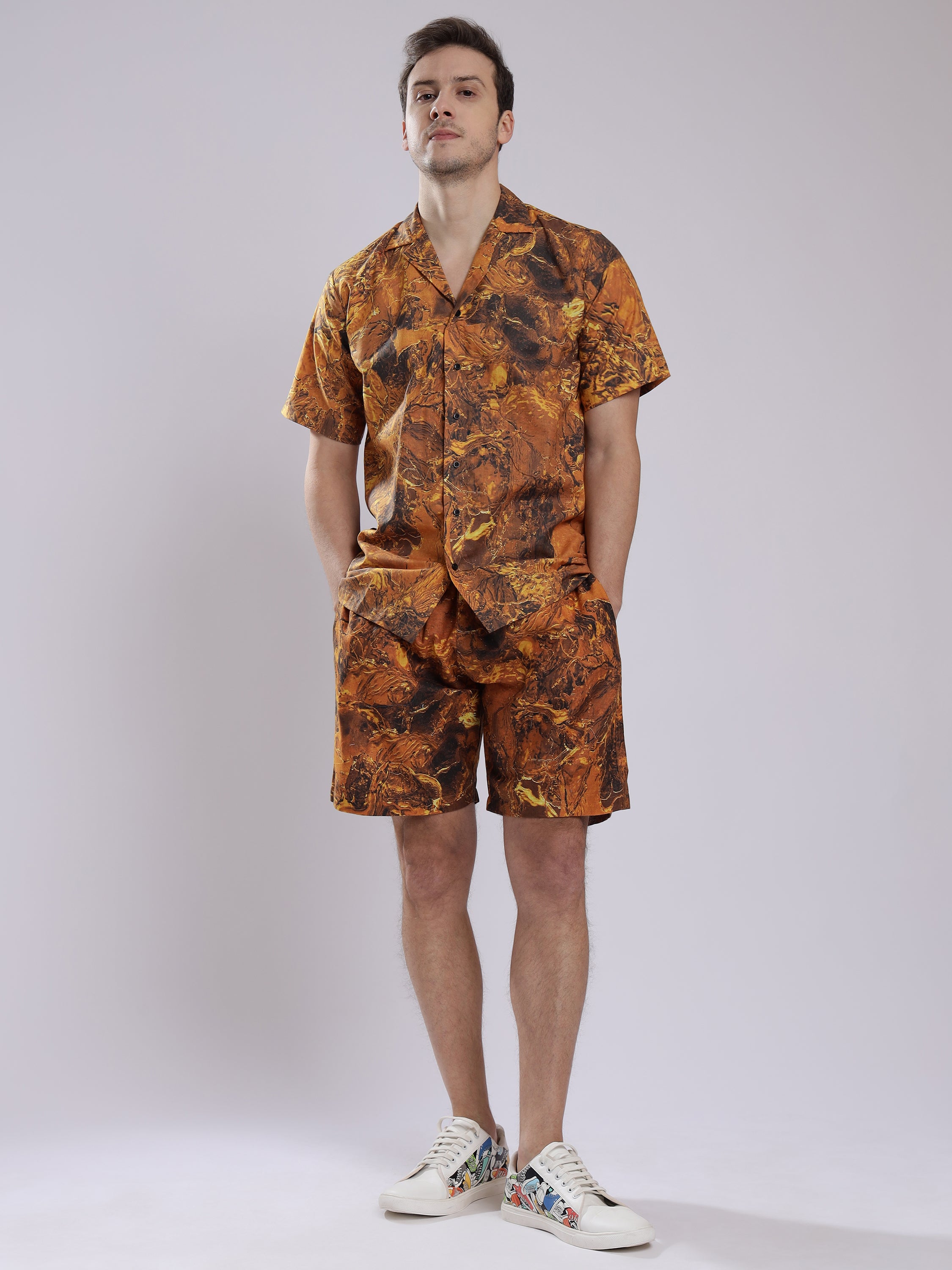 Golden Tie dye Print Linen Men's Shorts Co-Ord Set by Brand Black Jack