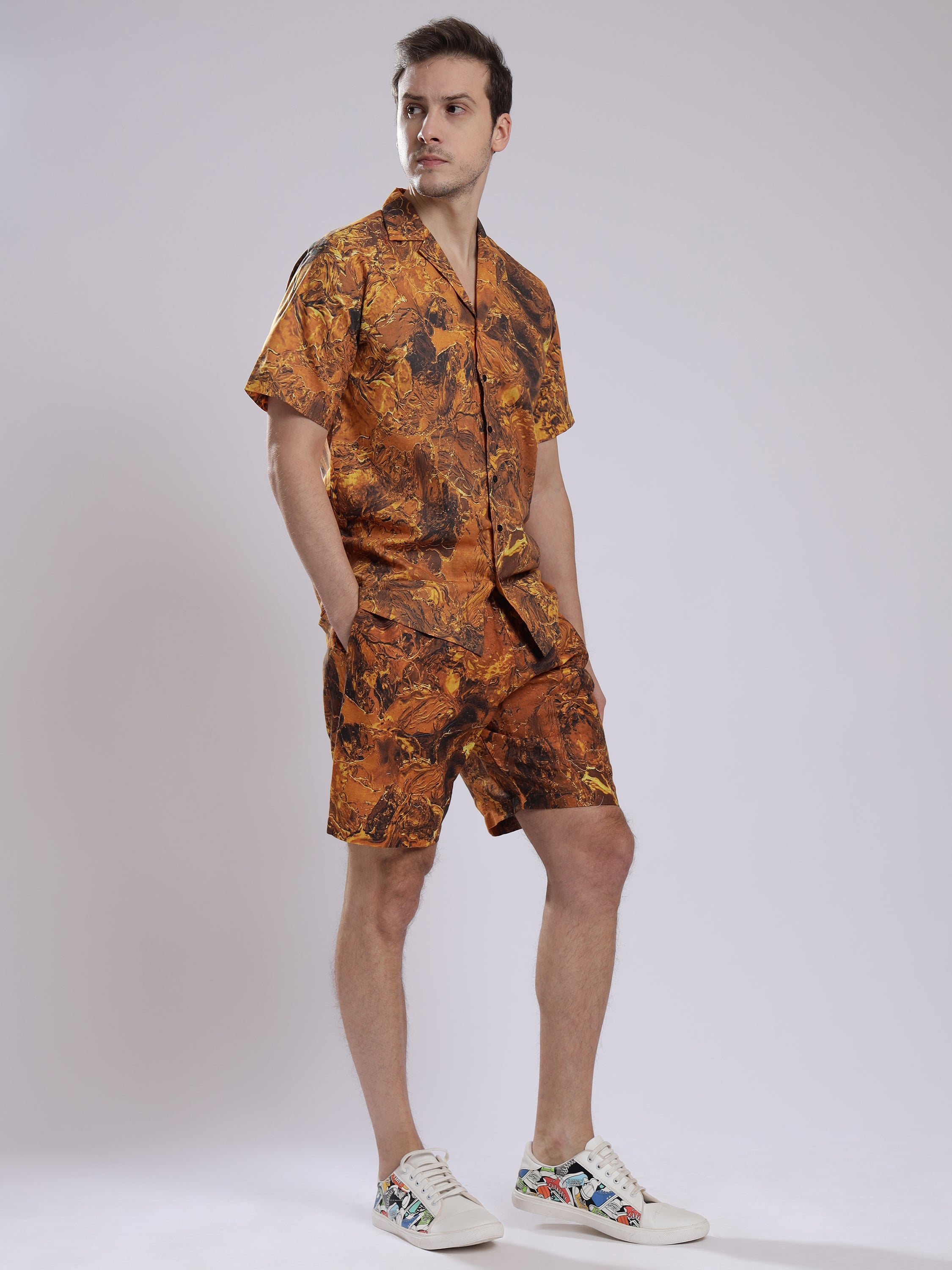 Golden Tie dye Print Linen Men's Shorts Co-Ord Set by Brand Black Jack