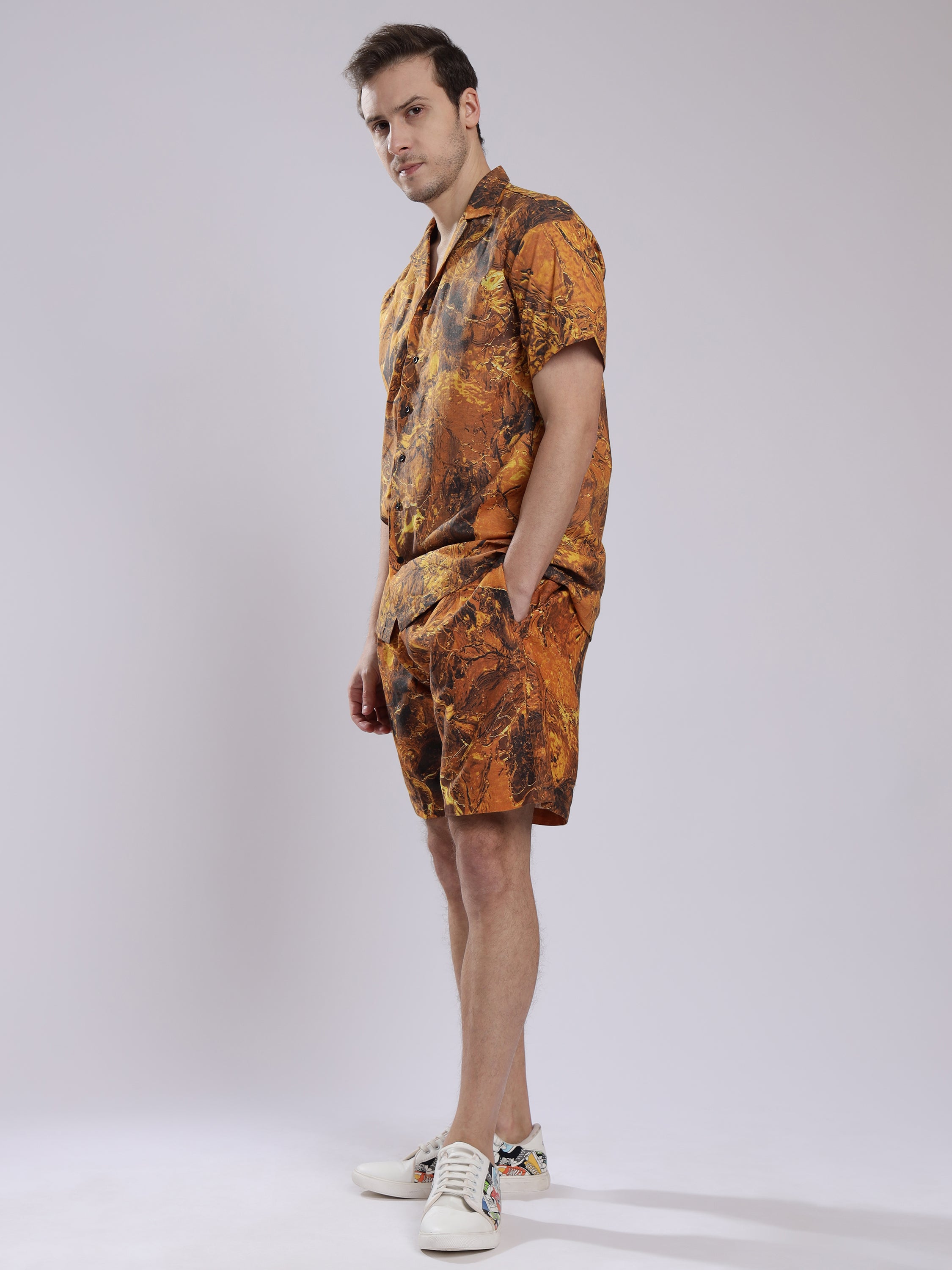 Golden Tie dye Print Linen Men's Shorts Co-Ord Set by Brand Black Jack