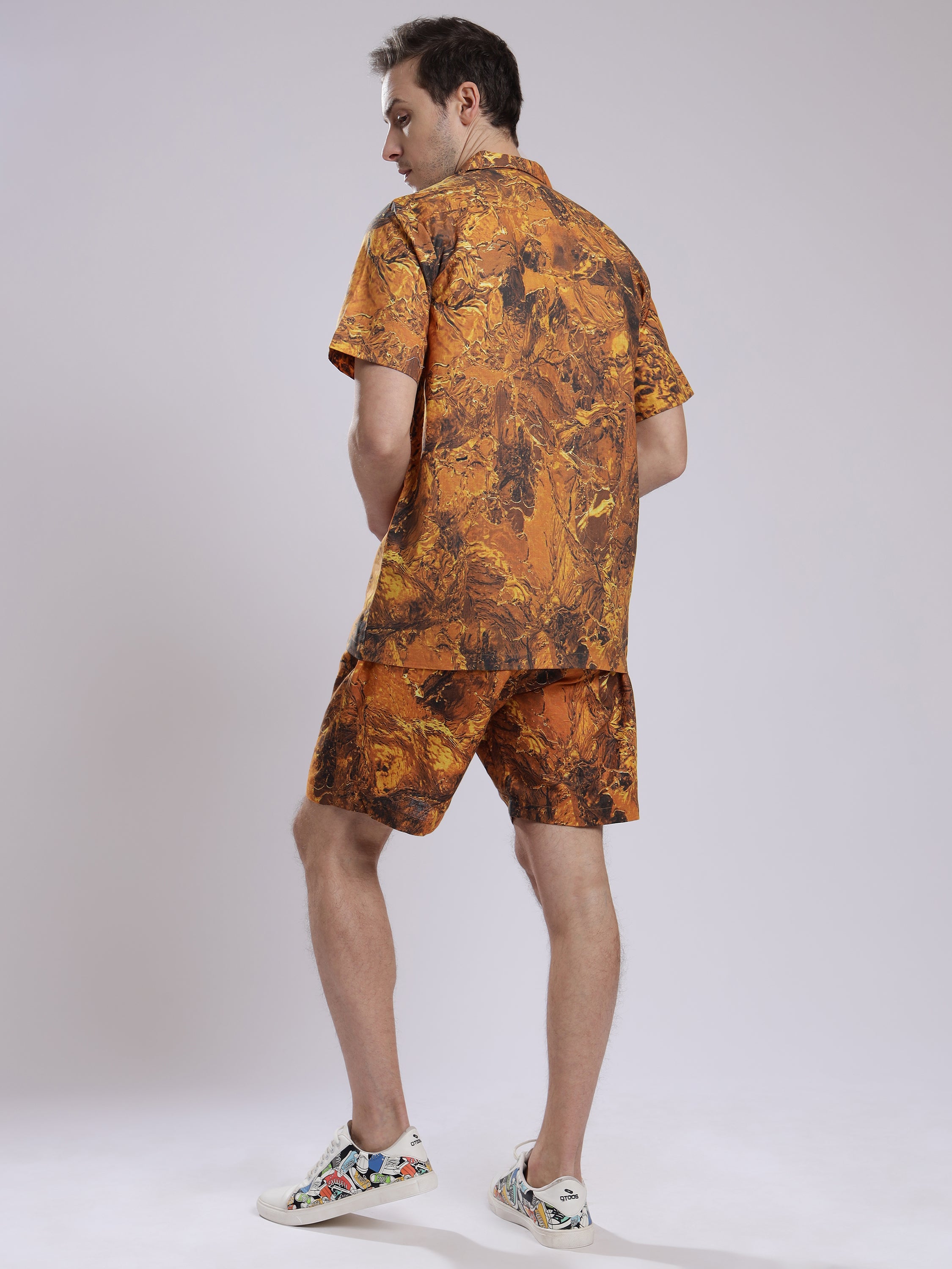 Golden Tie dye Print Linen Men's Shorts Co-Ord Set by Brand Black Jack