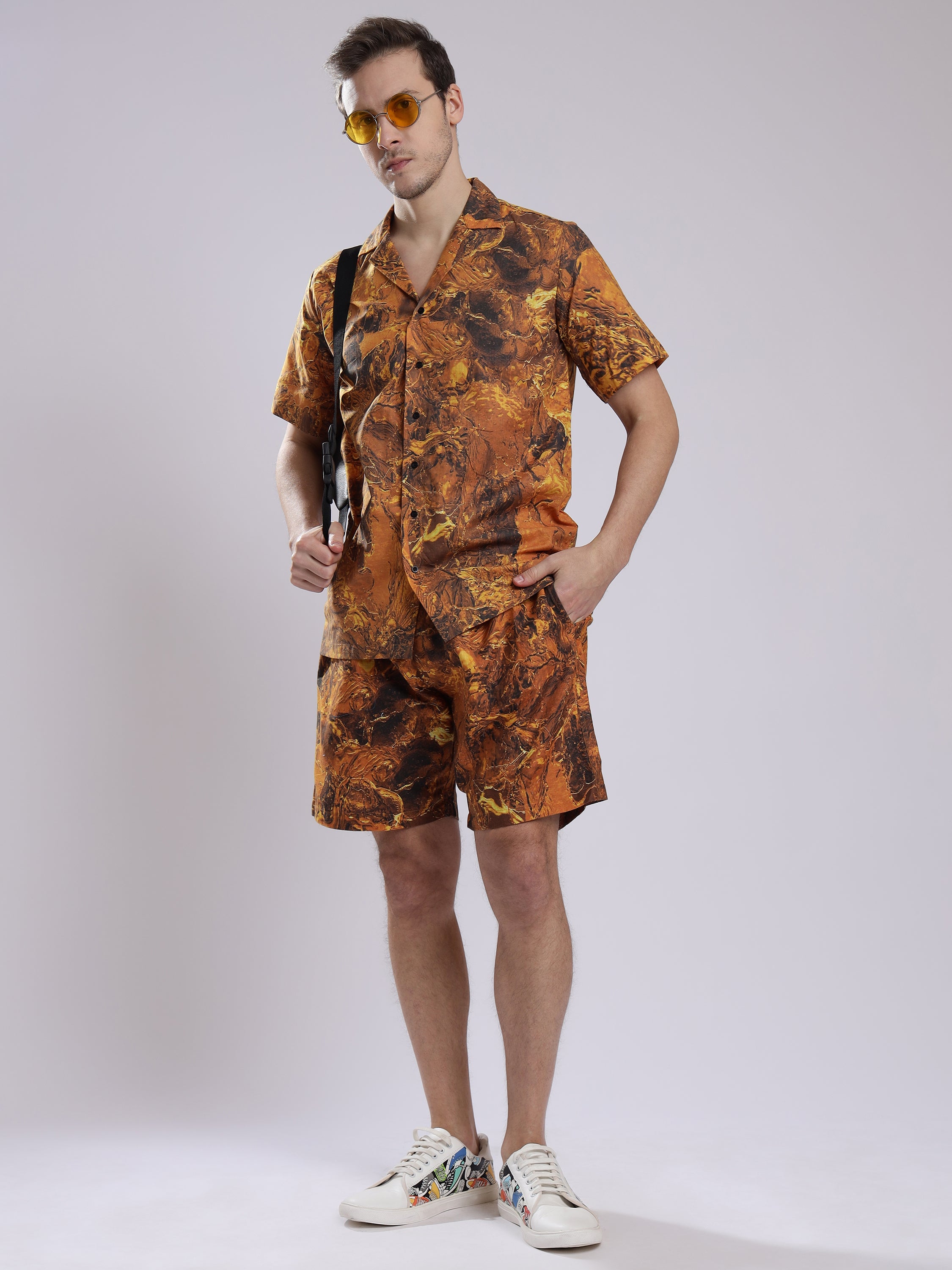 Golden Tie dye Print Linen Men's Shorts Co-Ord Set by Brand Black Jack