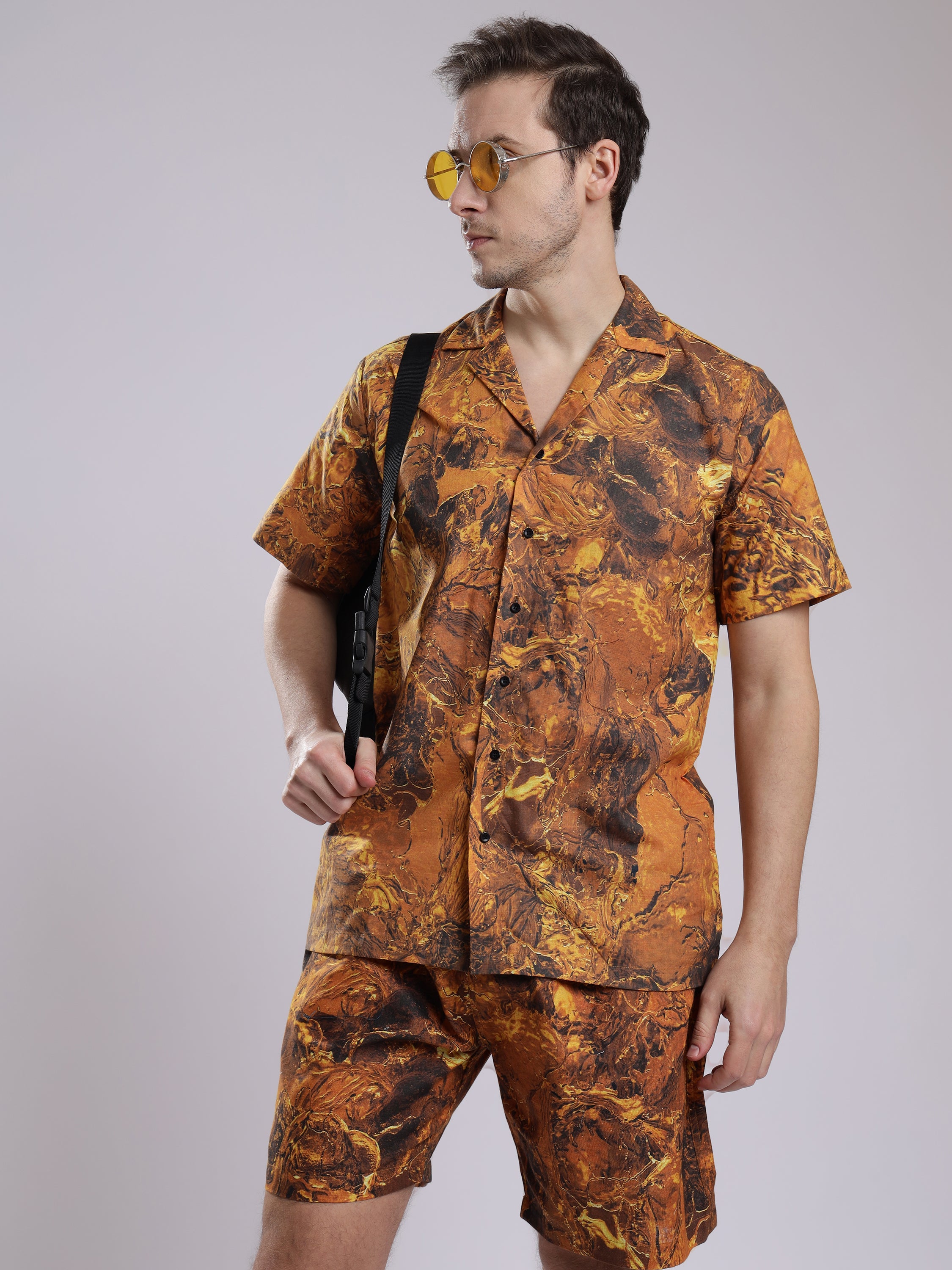 Golden Tie dye Print Linen Men's Shorts Co-Ord Set by Brand Black Jack