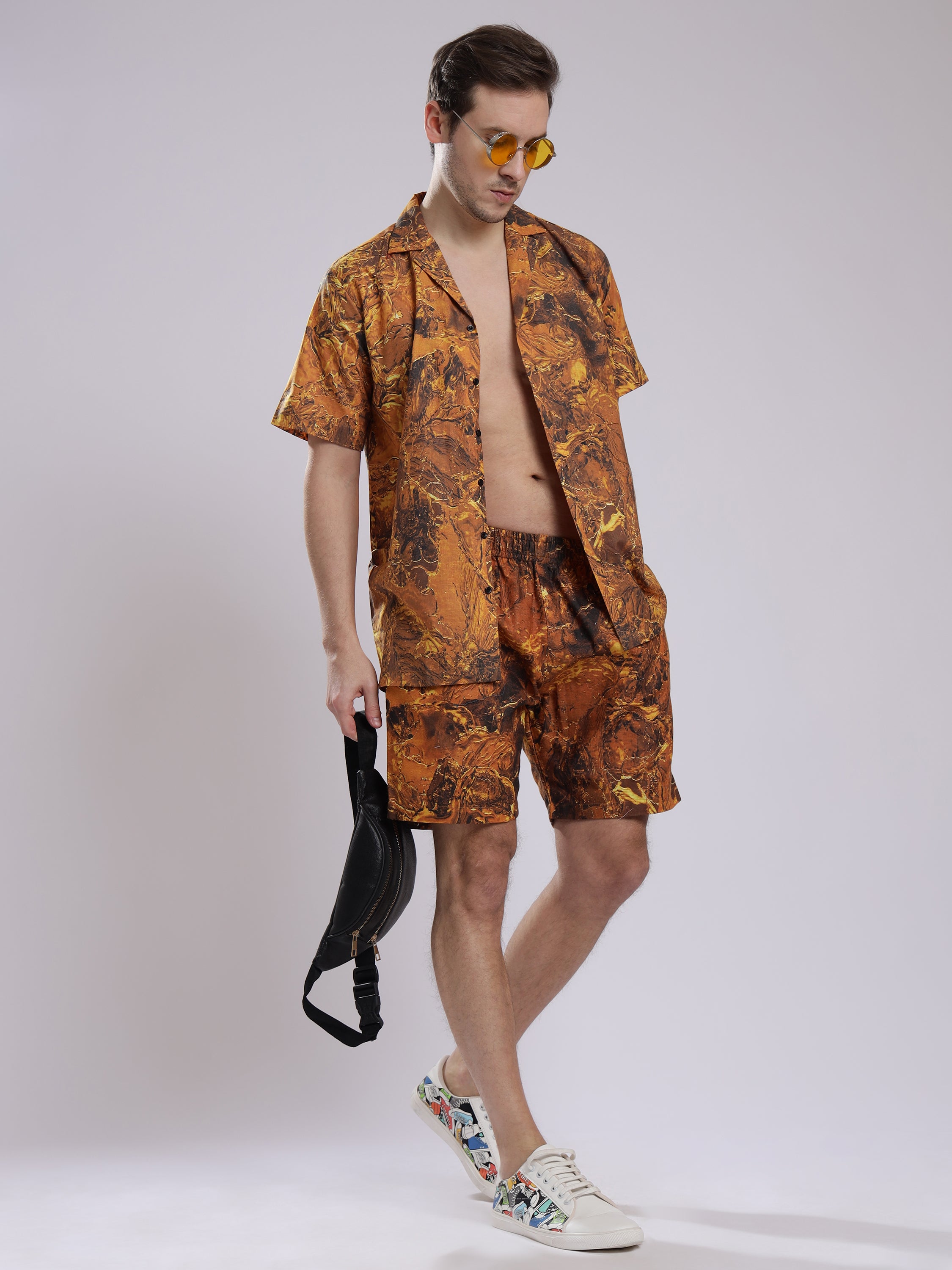 Golden Tie dye Print Linen Men's Shorts Co-Ord Set by Brand Black Jack