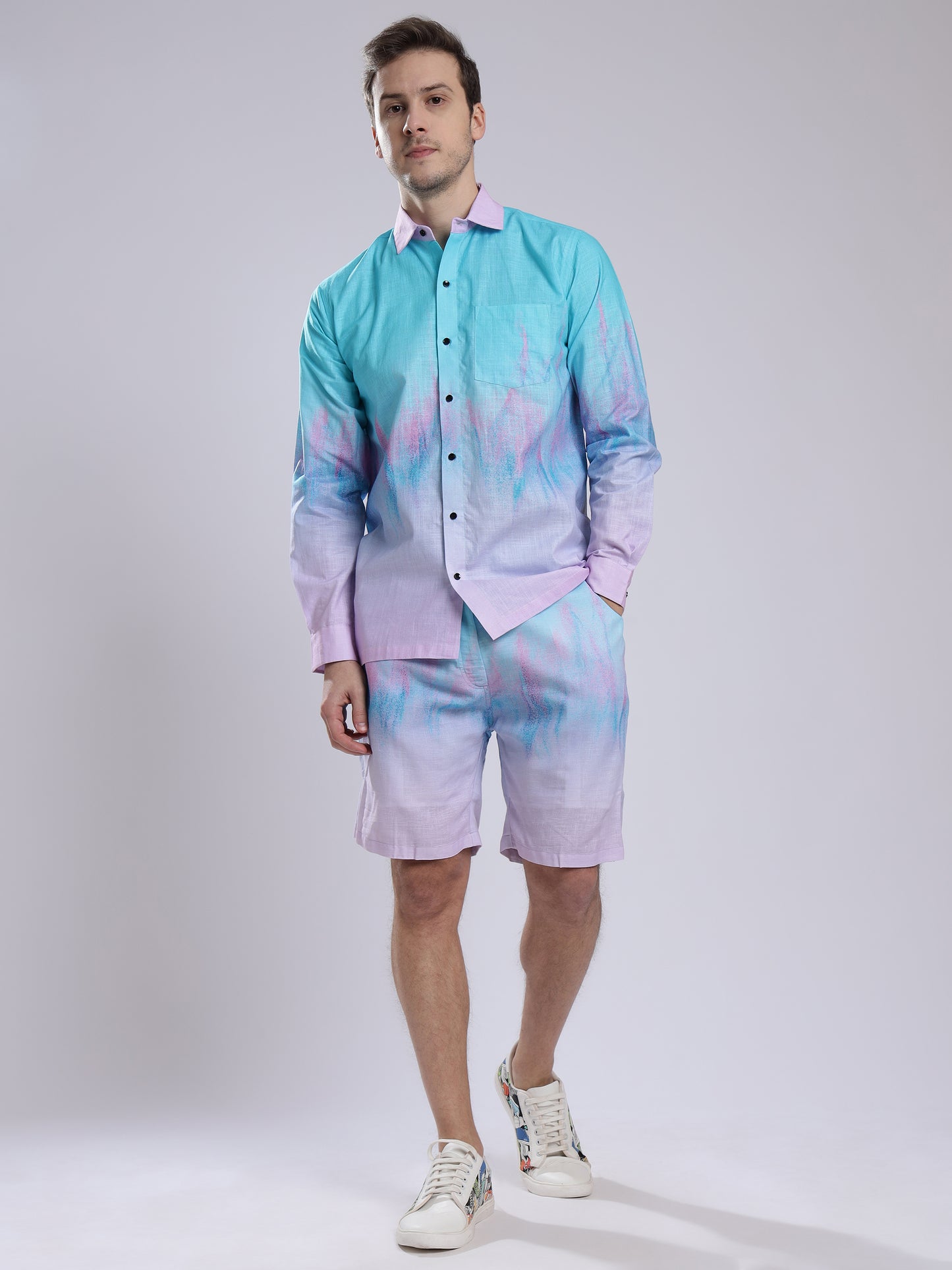 Step Four color Tie Dye Print  Linen Men's Shorts Co-Ord Set by Brand Black Jack