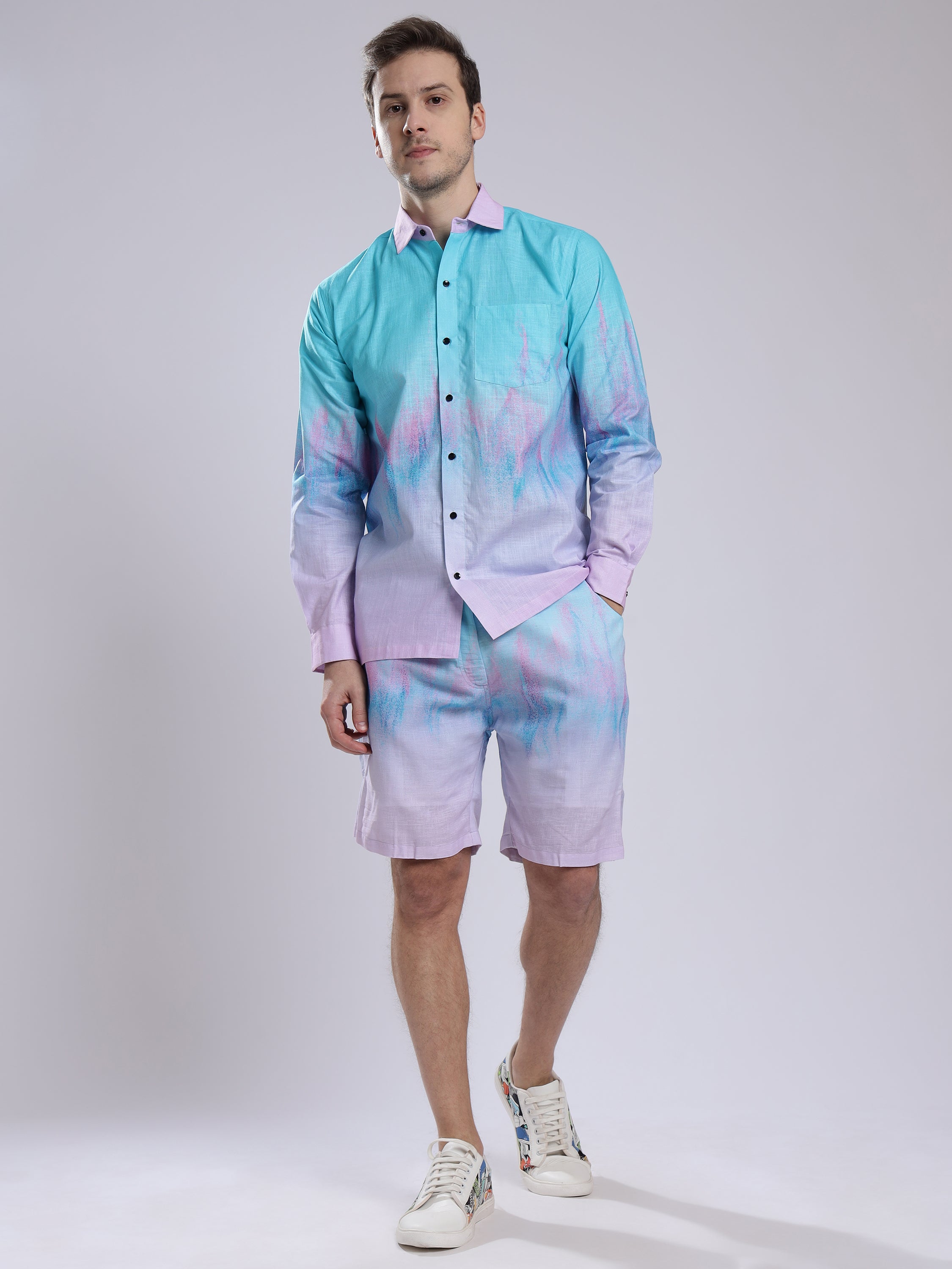 Step Four color Tie Dye Print  Linen Men's Shorts Co-Ord Set by Brand Black Jack