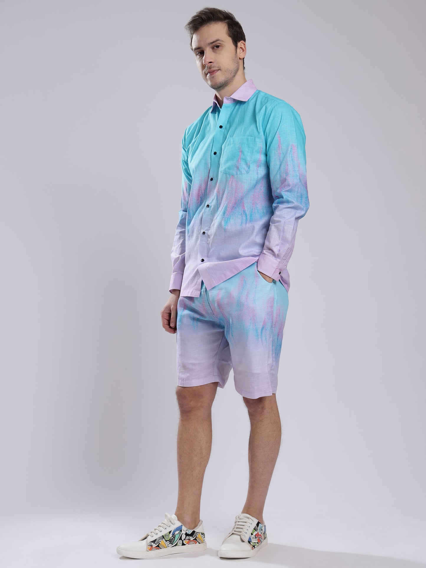Step Four color Tie Dye Print  Linen Men's Shorts Co-Ord Set by Brand Black Jack
