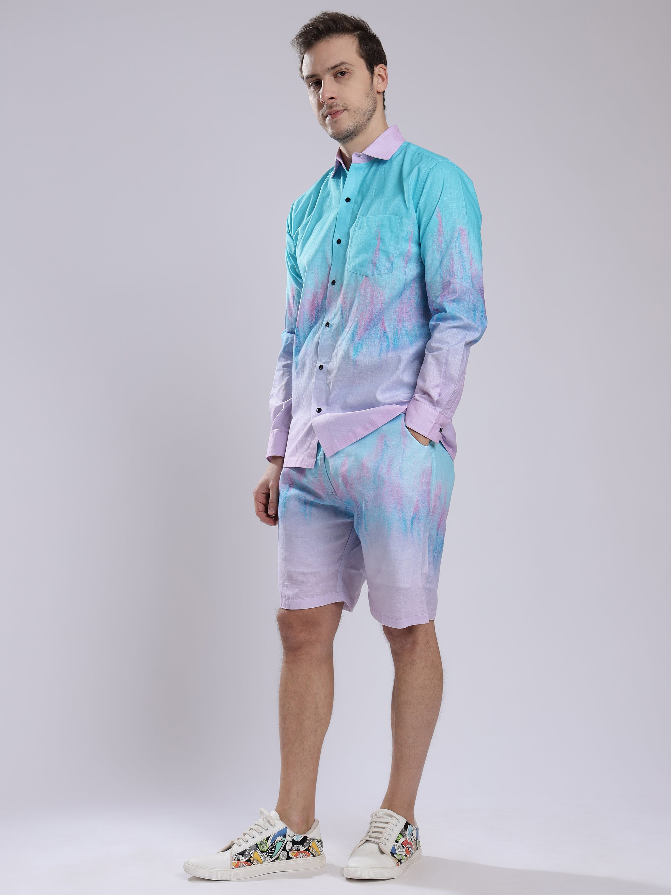Step Four color Tie Dye Print  Linen Men's Shorts Co-Ord Set by Brand Black Jack