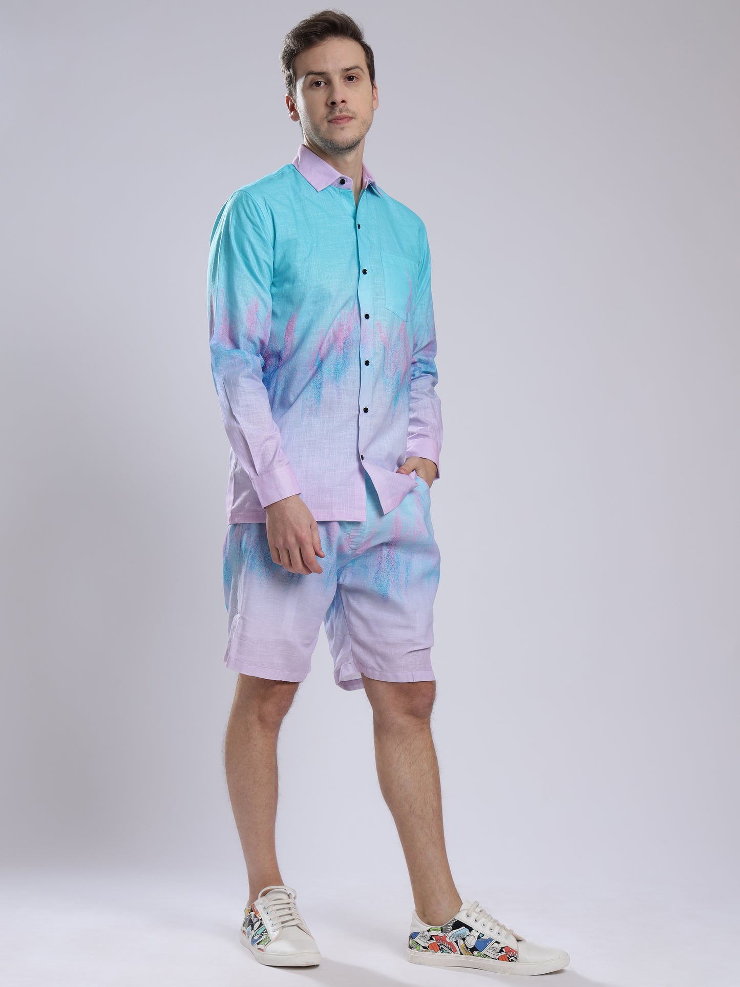 Step Four color Tie Dye Print  Linen Men's Shorts Co-Ord Set by Brand Black Jack