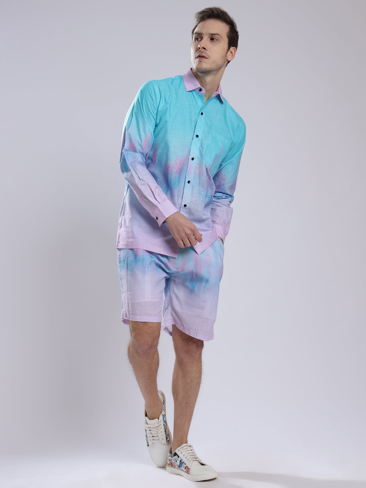 Step Four color Tie Dye Print  Linen Men's Shorts Co-Ord Set by Brand Black Jack