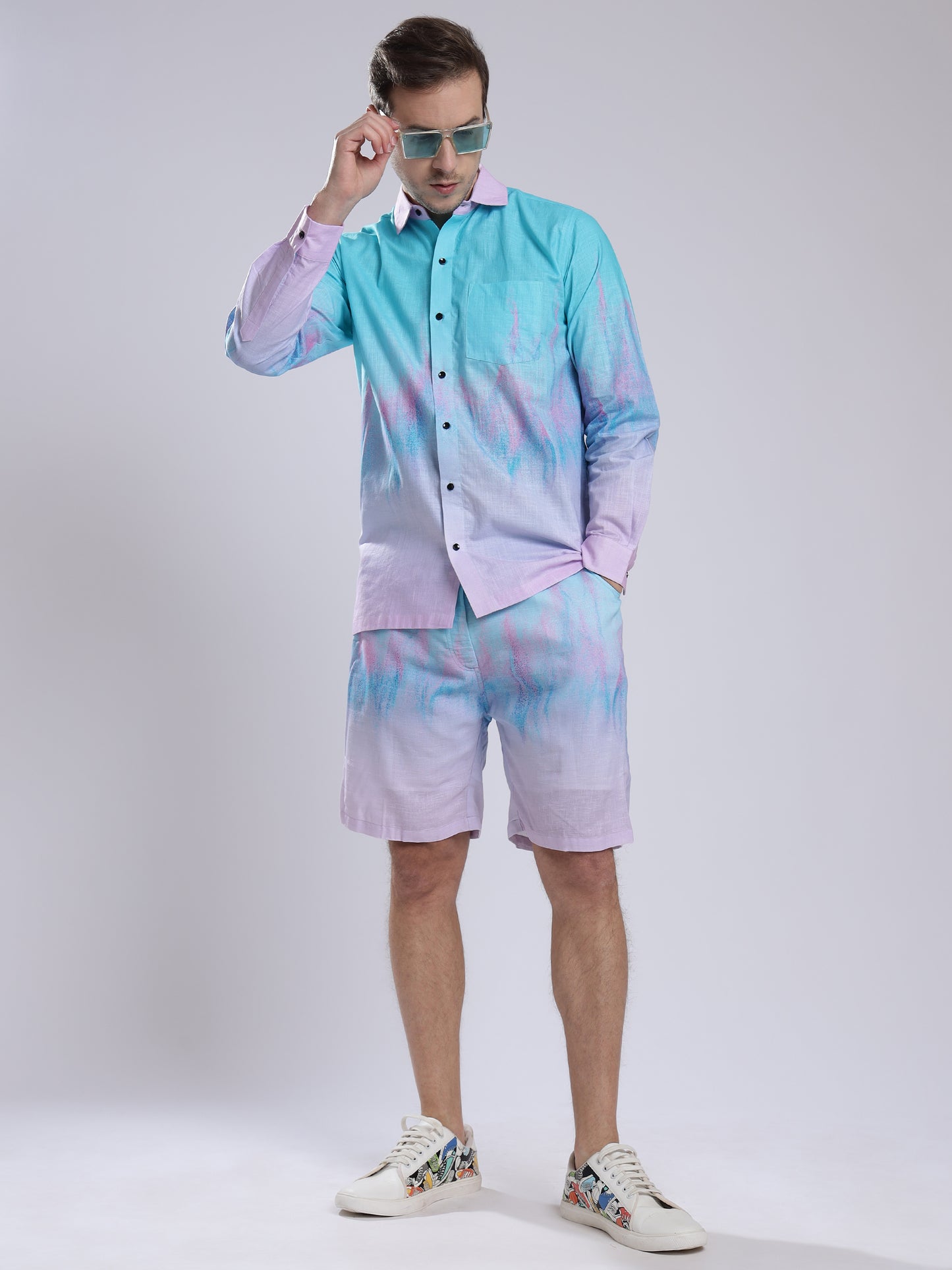 Step Four color Tie Dye Print  Linen Men's Shorts Co-Ord Set by Brand Black Jack