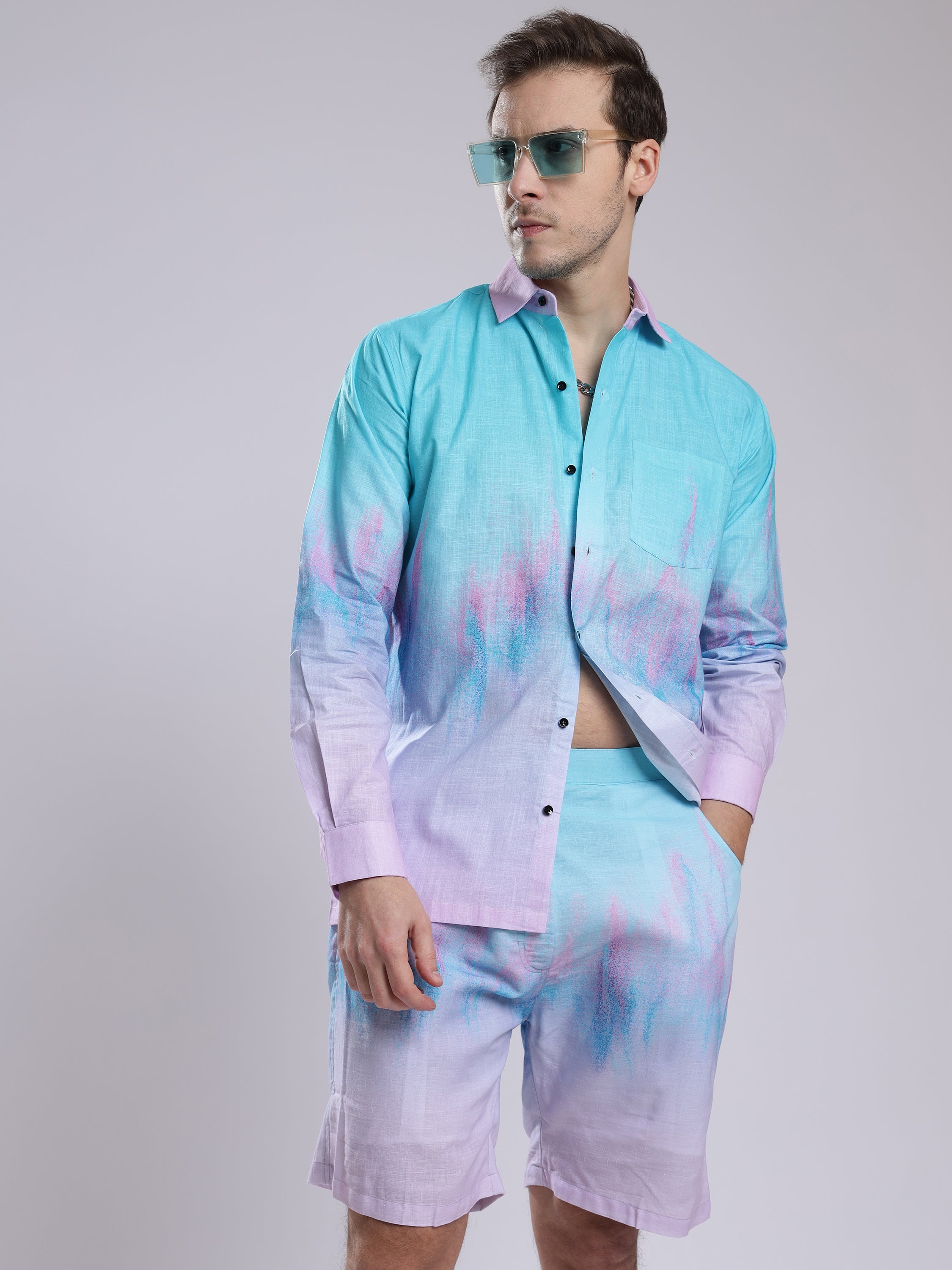 Step Four color Tie Dye Print  Linen Men's Shorts Co-Ord Set by Brand Black Jack