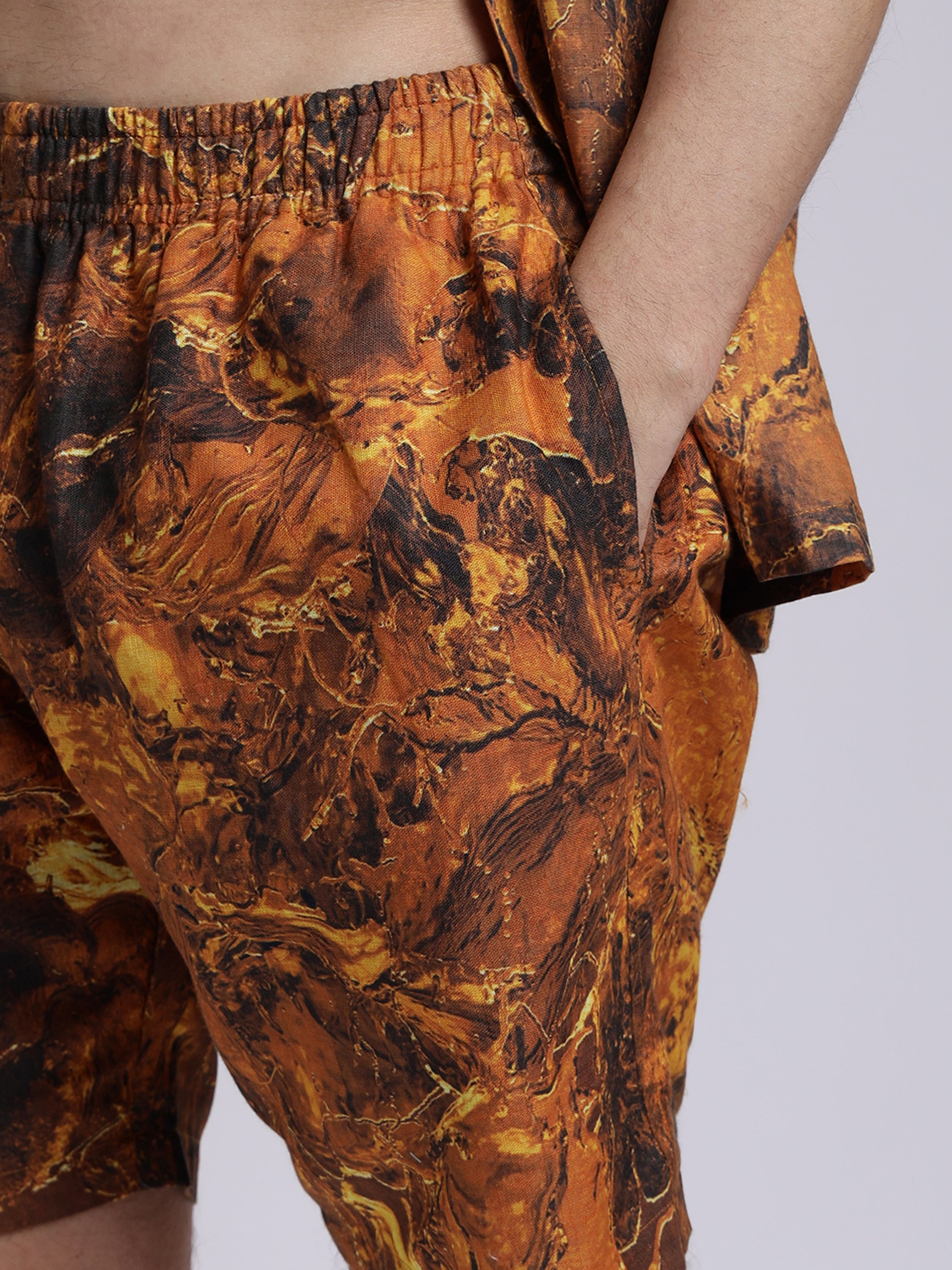 Golden Tie dye Print Linen Men's Shorts Co-Ord Set by Brand Black Jack