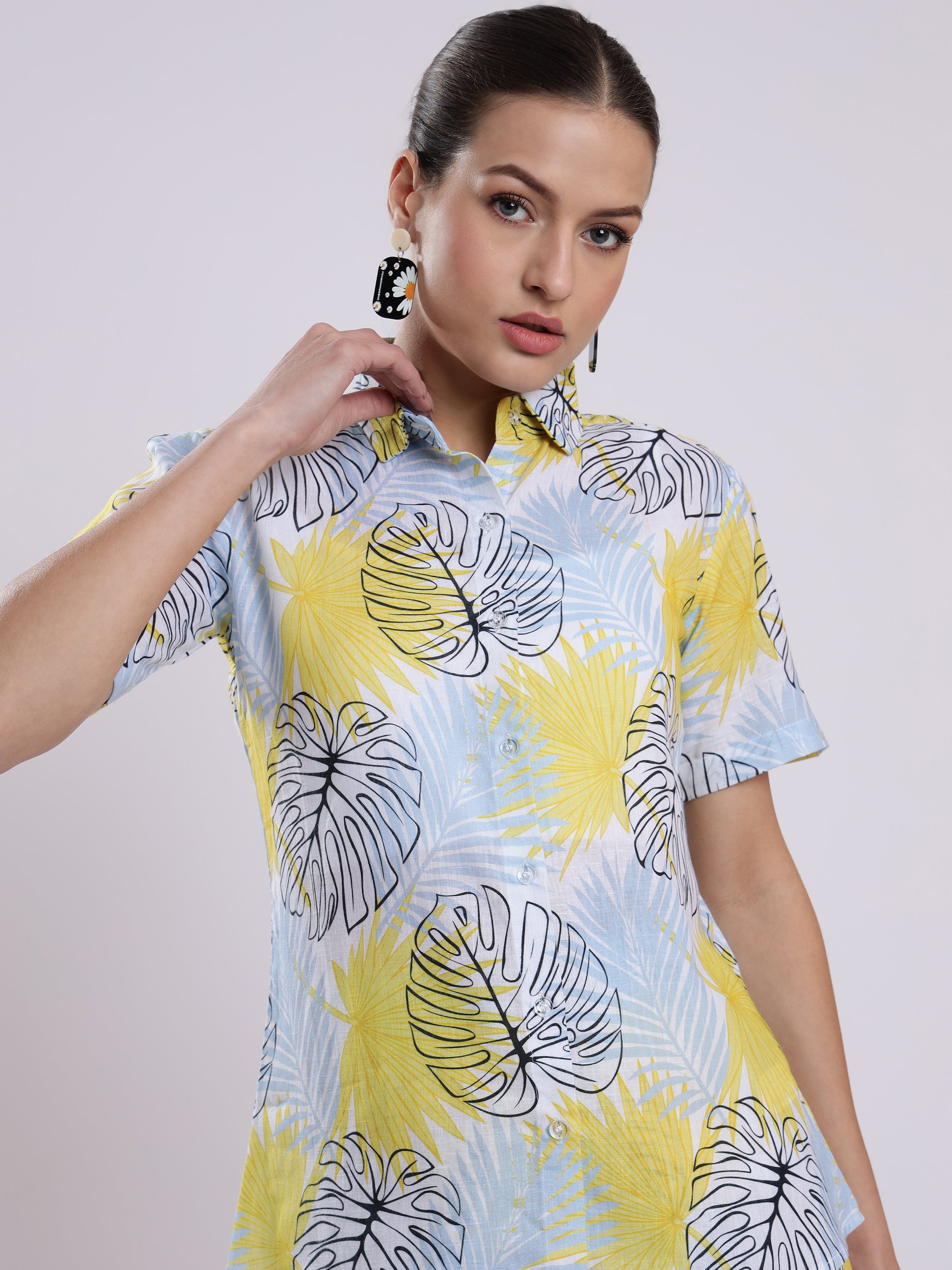 Yellow Palm  Linen Women Shorts Co-Ord Set by Brand Black Jack