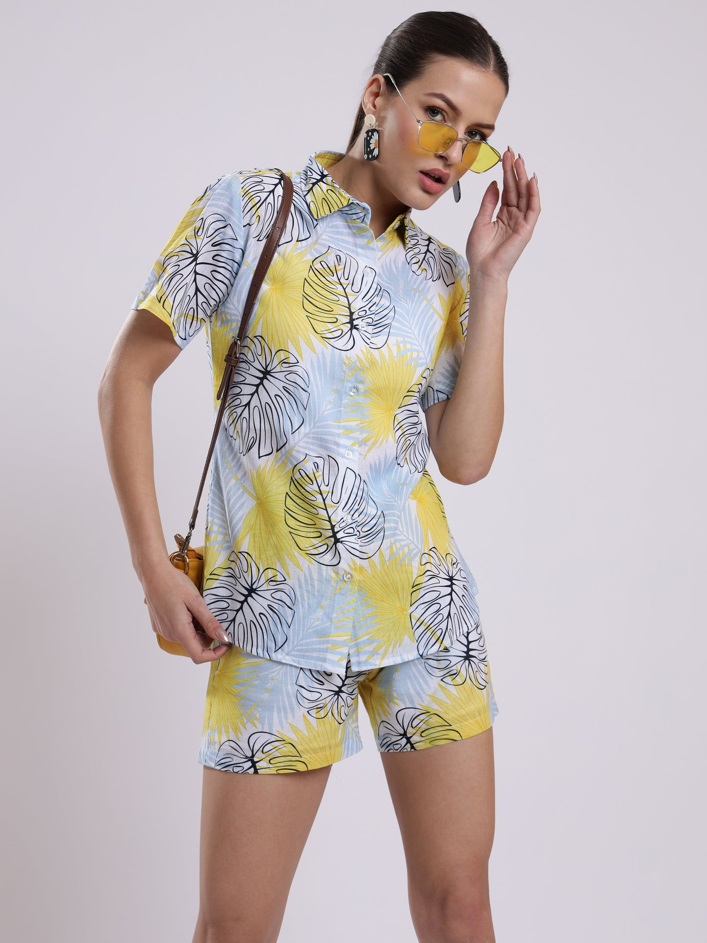 Yellow Palm  Linen Women Shorts Co-Ord Set by Brand Black Jack