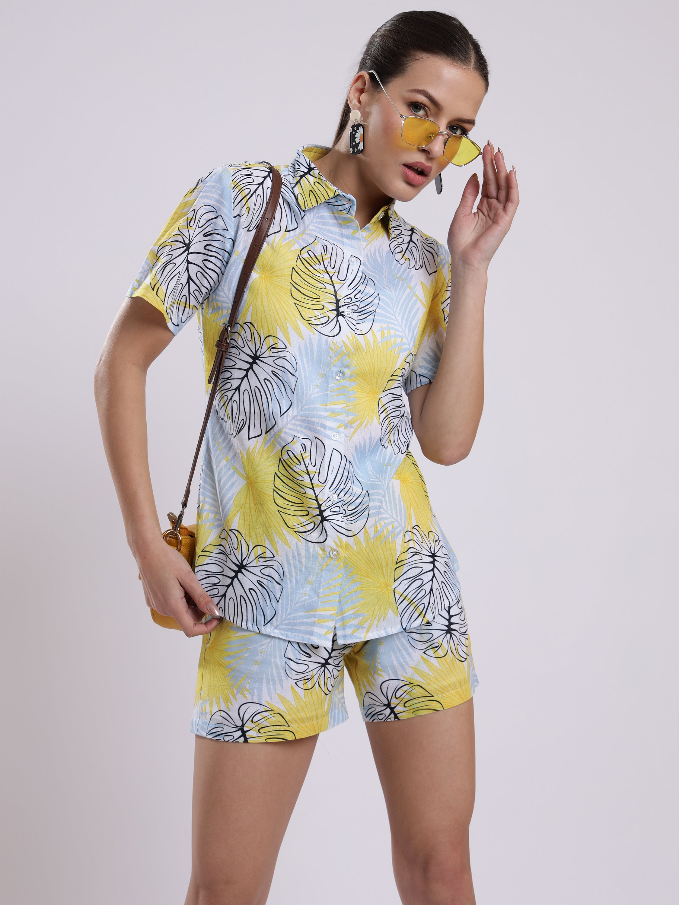 Yellow Palm  Linen Women Shorts Co-Ord Set by Brand Black Jack