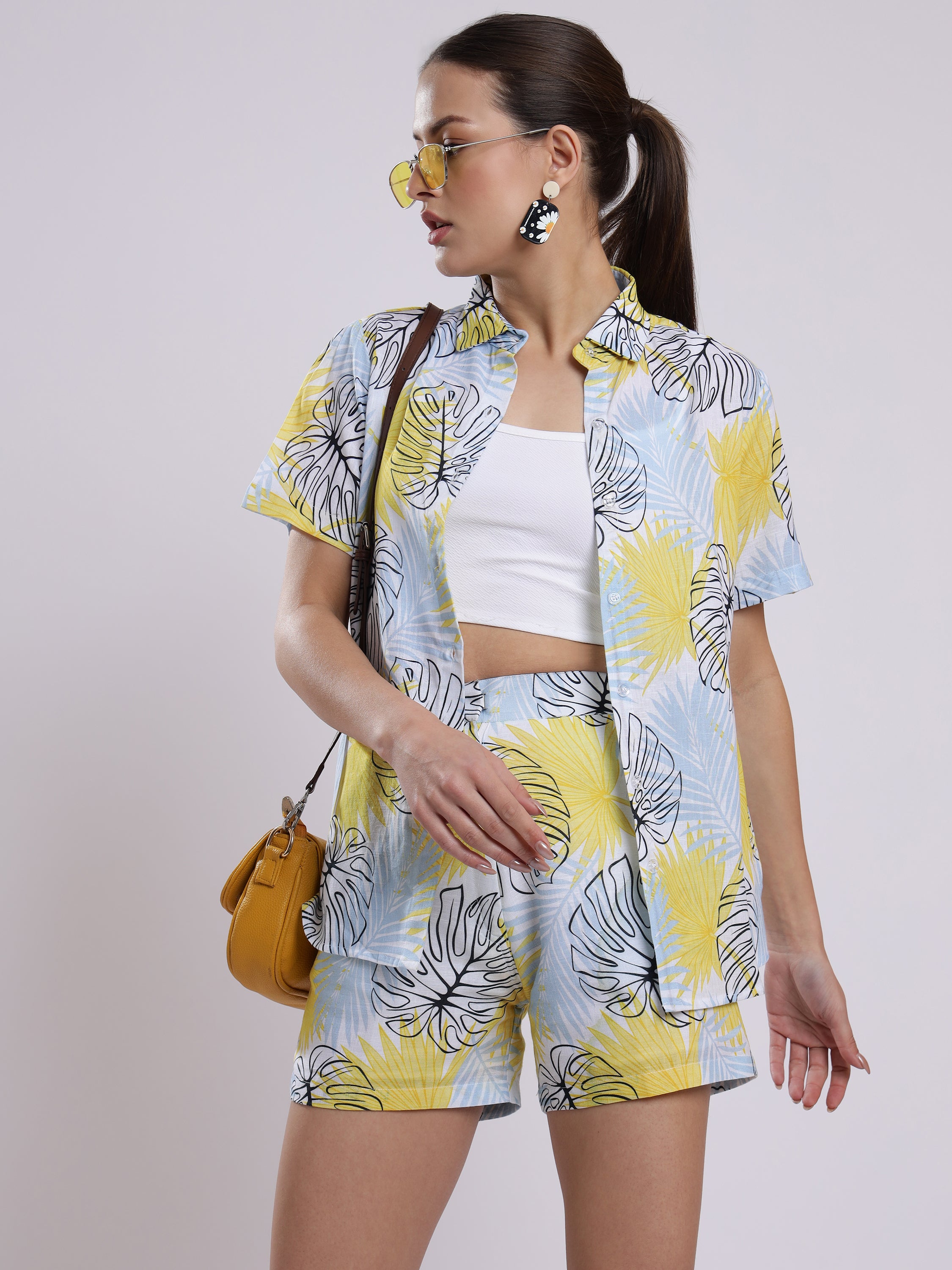 Yellow Palm  Linen Women Shorts Co-Ord Set by Brand Black Jack