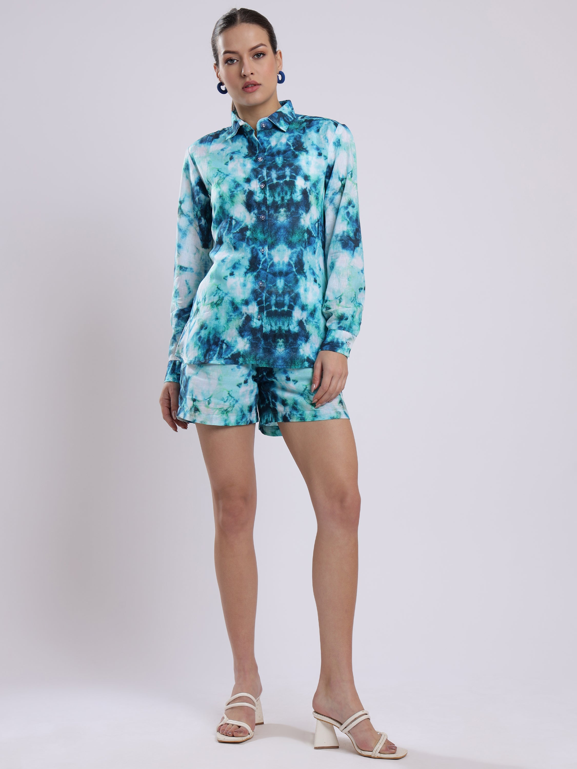 Tie Dye Print Linen Women Shorts Co-Ord Set by Brand Black Jack