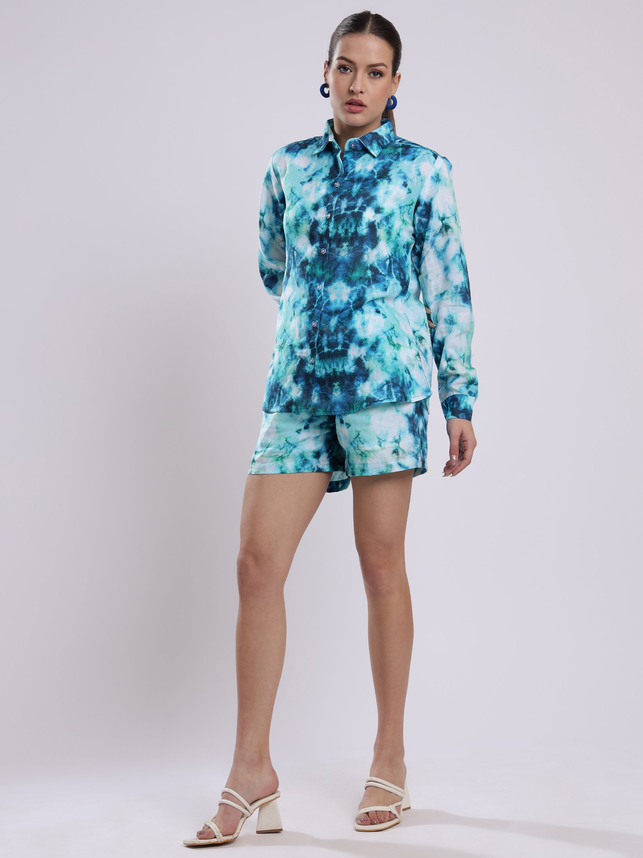 Tie Dye Print Linen Women Shorts Co-Ord Set by Brand Black Jack