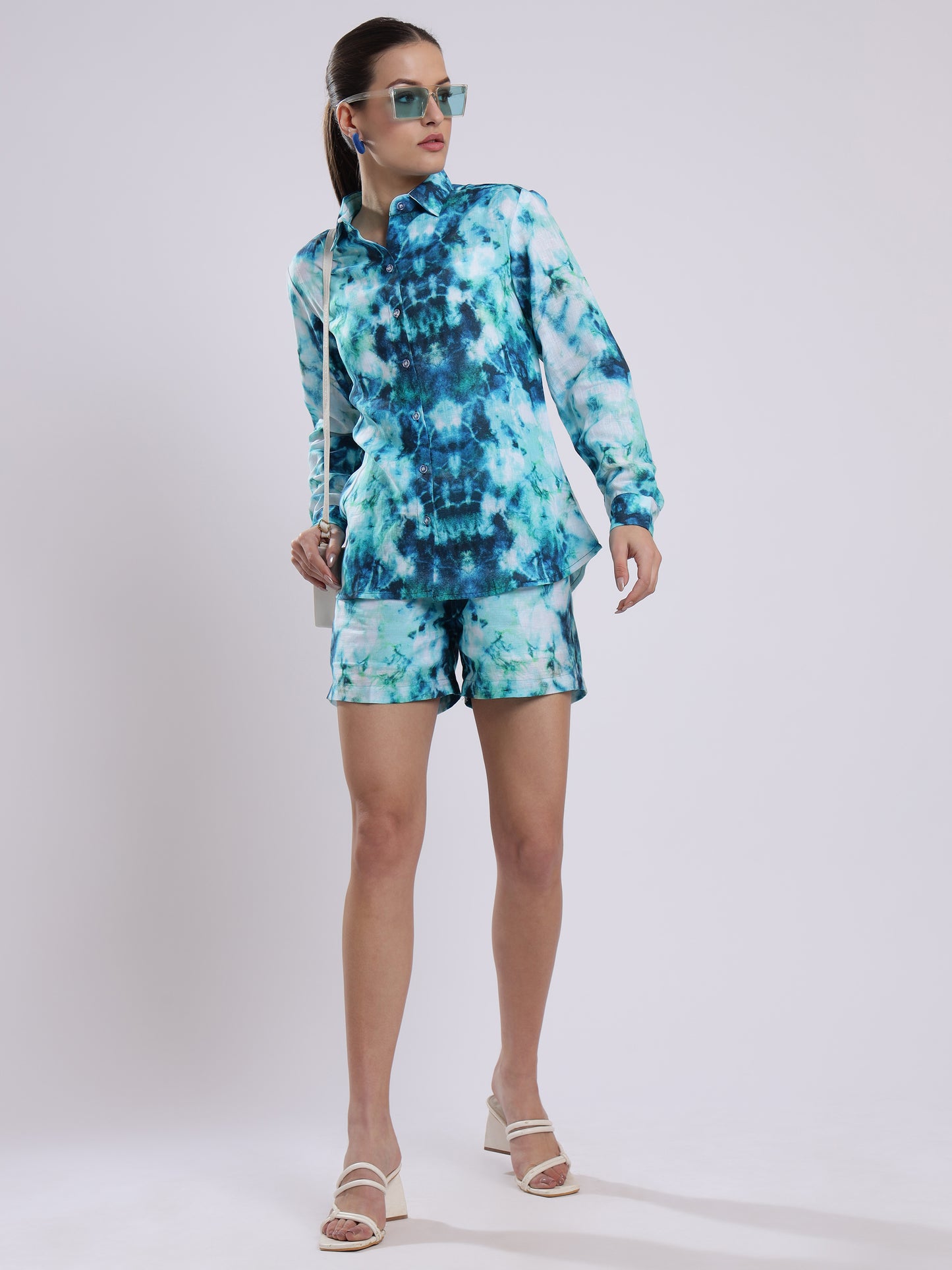Tie Dye Print Linen Women Shorts Co-Ord Set by Brand Black Jack