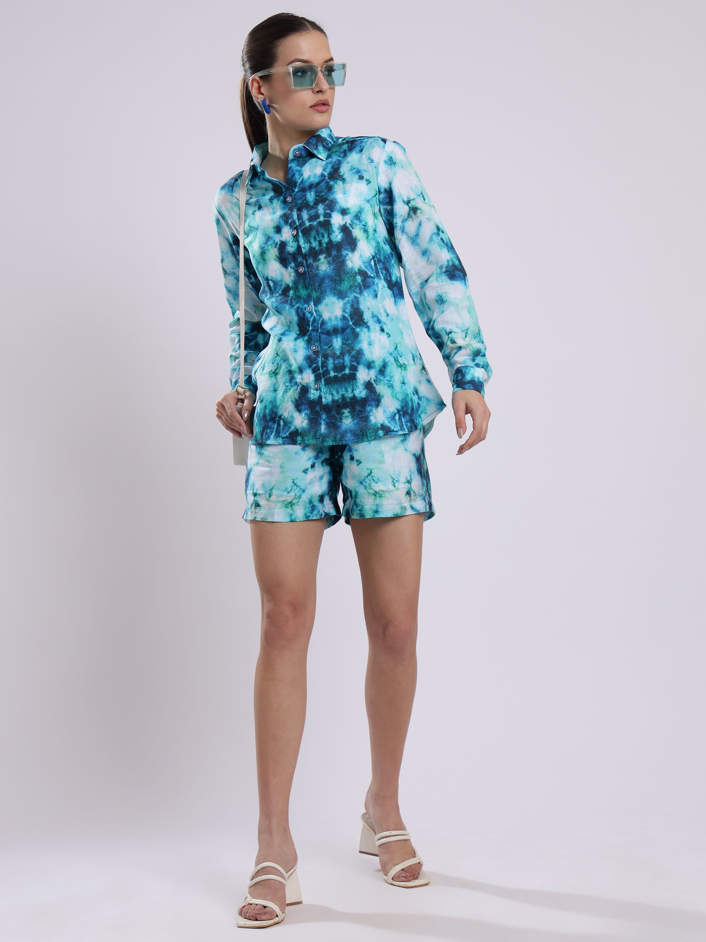 Tie Dye Print Linen Women Shorts Co-Ord Set by Brand Black Jack