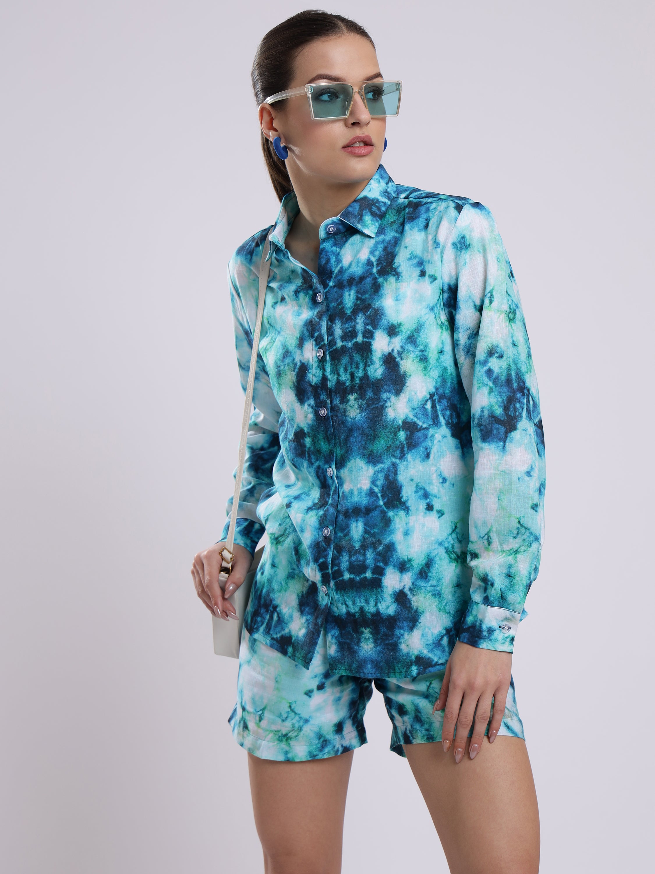 Tie Dye Print Linen Women Shorts Co-Ord Set by Brand Black Jack