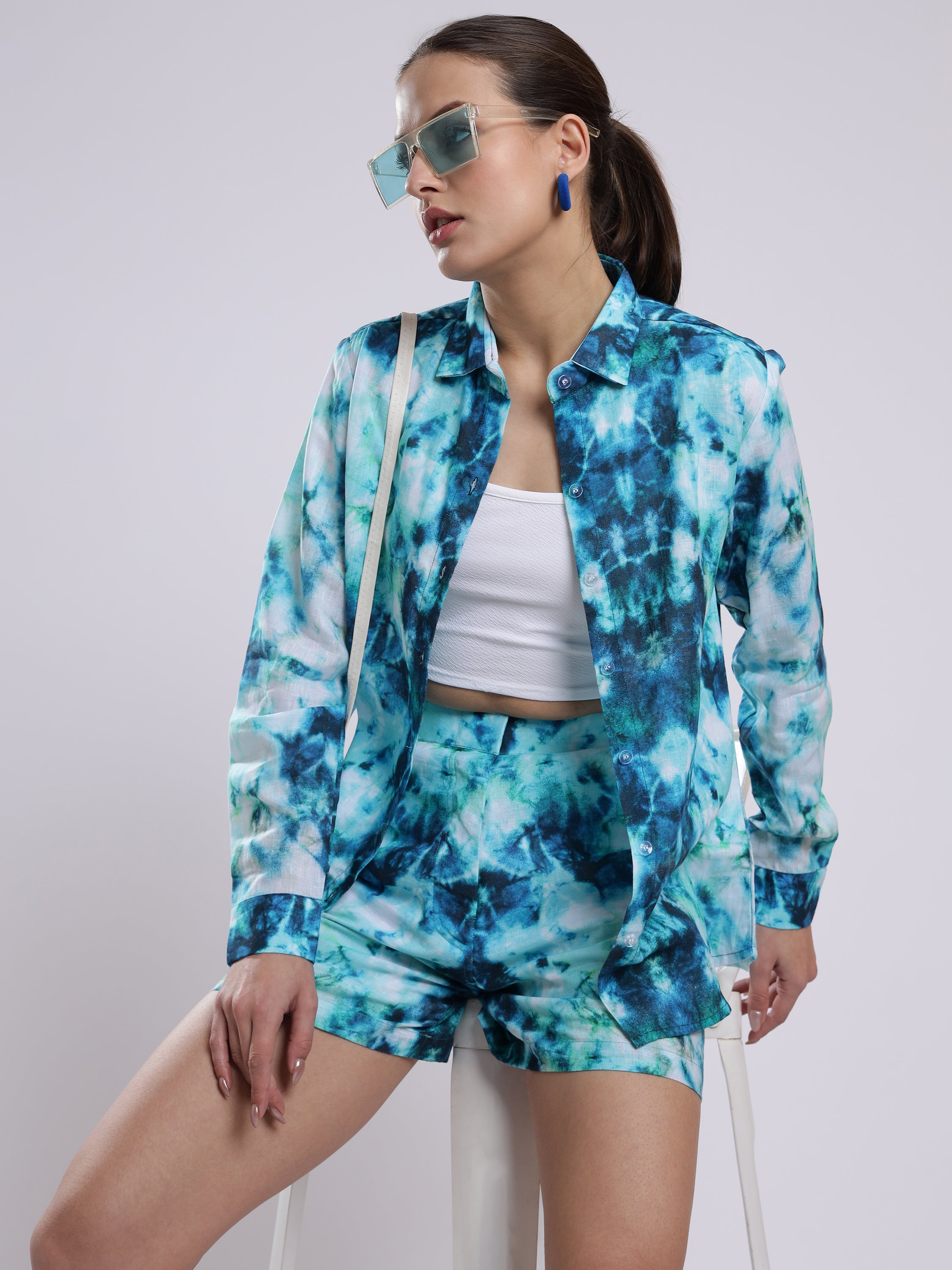 Tie Dye Print Linen Women Shorts Co-Ord Set by Brand Black Jack