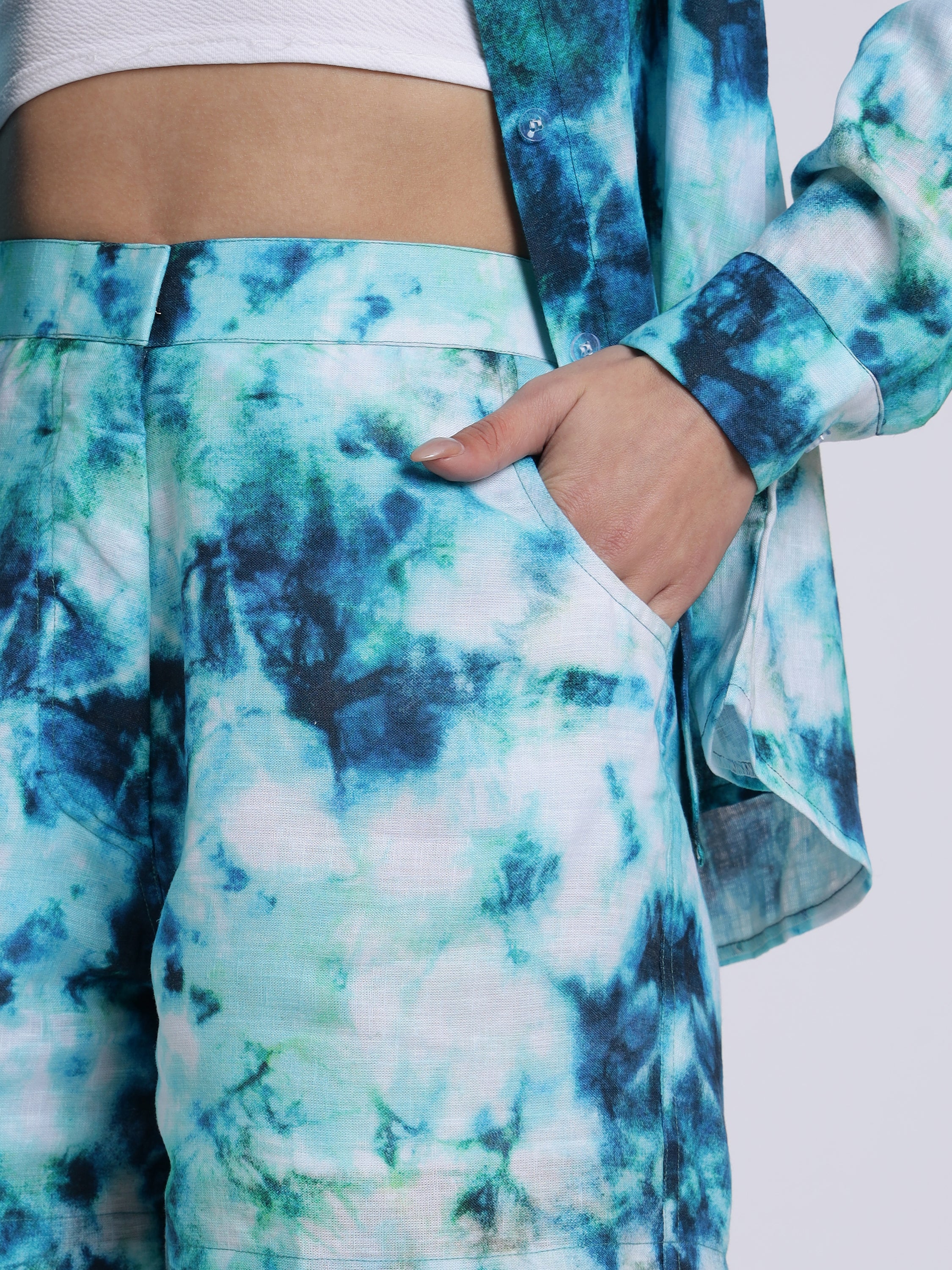 Tie Dye Print Linen Women Shorts Co-Ord Set by Brand Black Jack