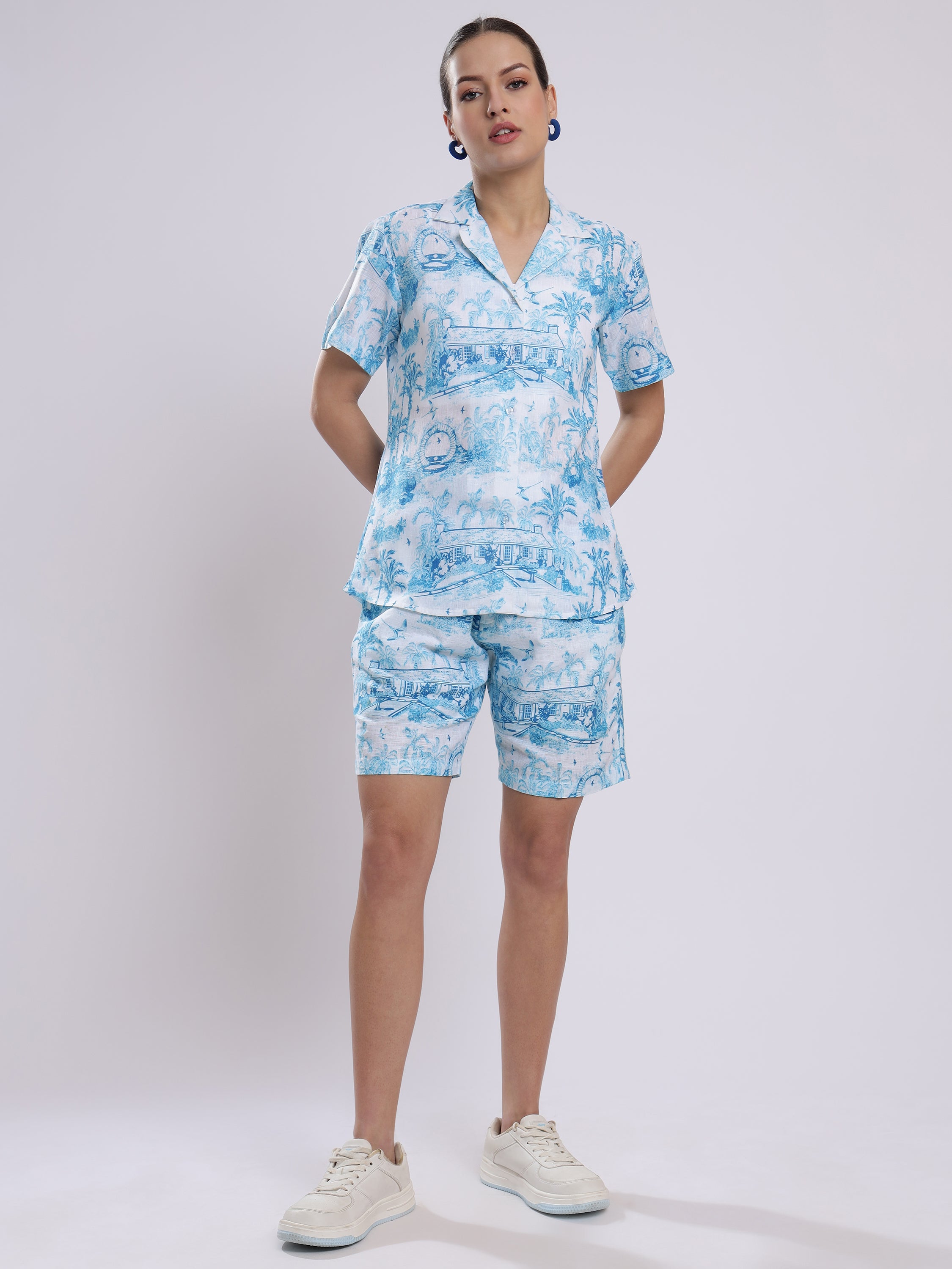 Sweet Farmhouse Palm Tree Linen Women Shorts Co-Ord Set by Brand Black Jack