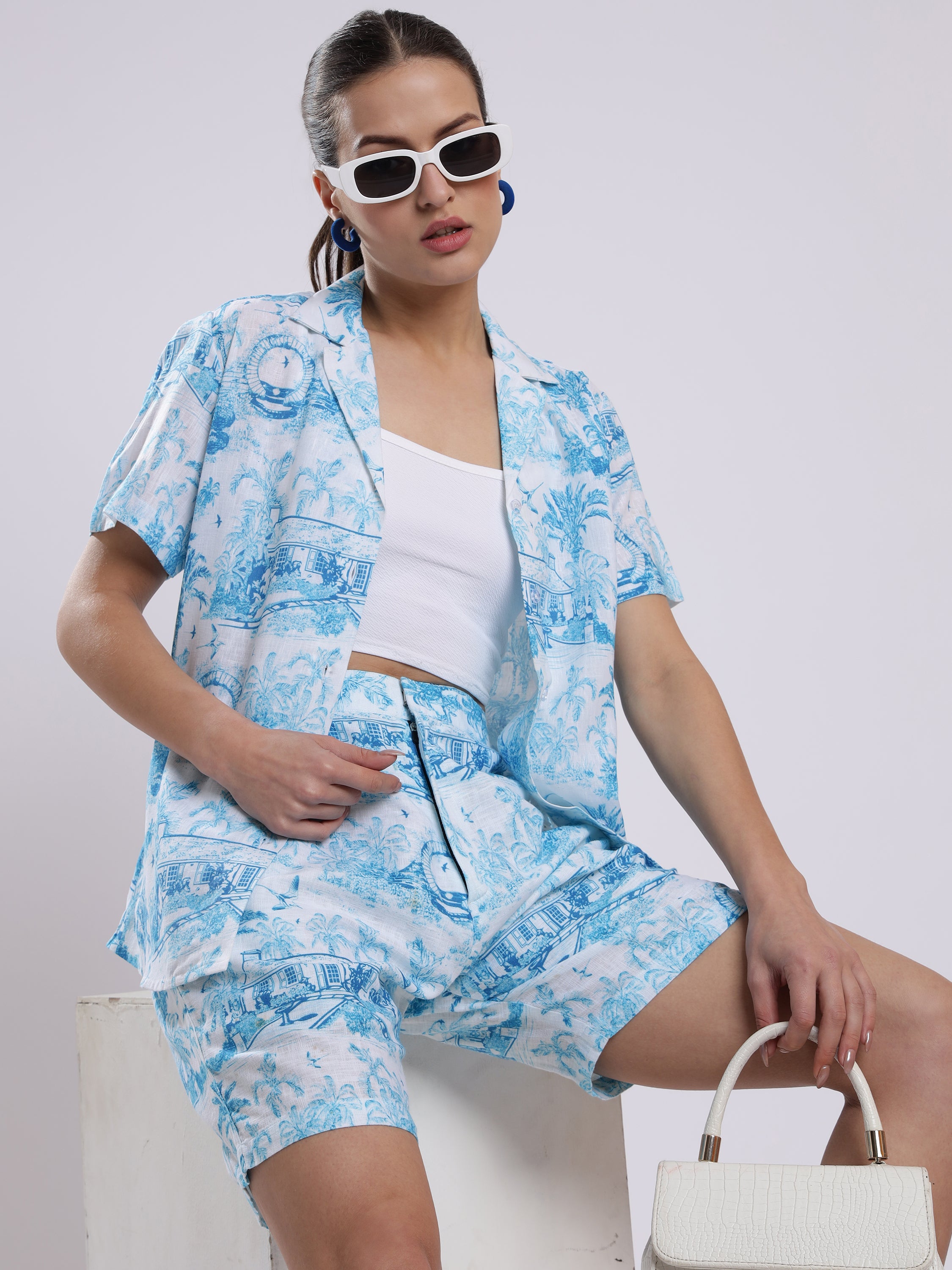 Sweet Farmhouse Palm Tree Linen Women Shorts Co-Ord Set by Brand Black Jack