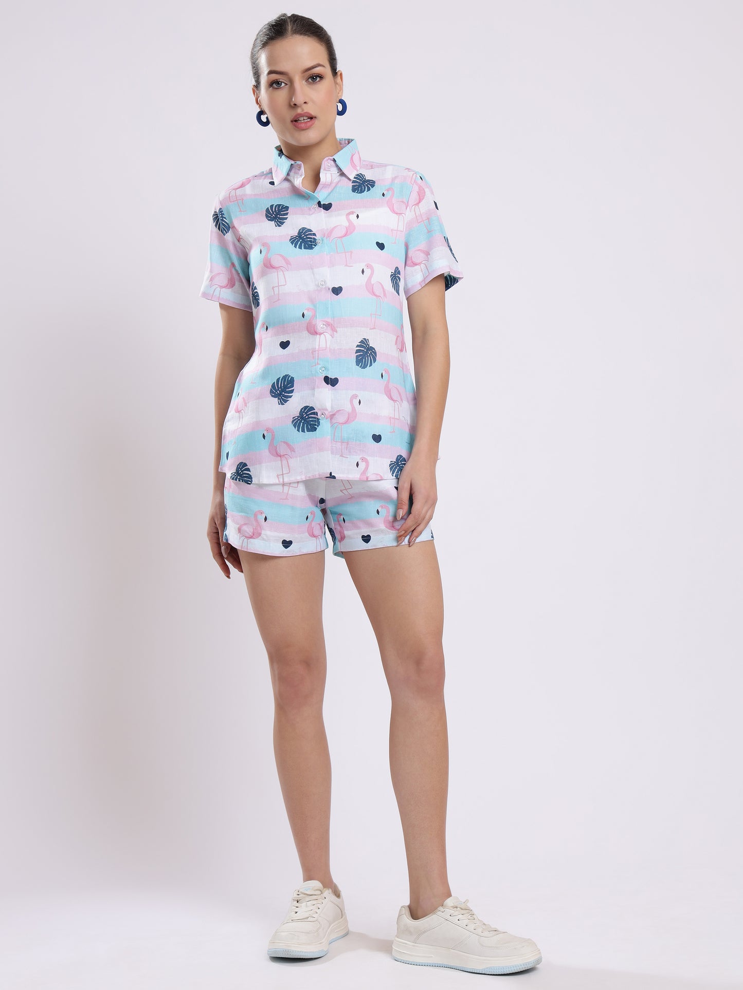Flamingo Leaf Color Linen Women Shorts Co-Ord Set by Brand Black Jack
