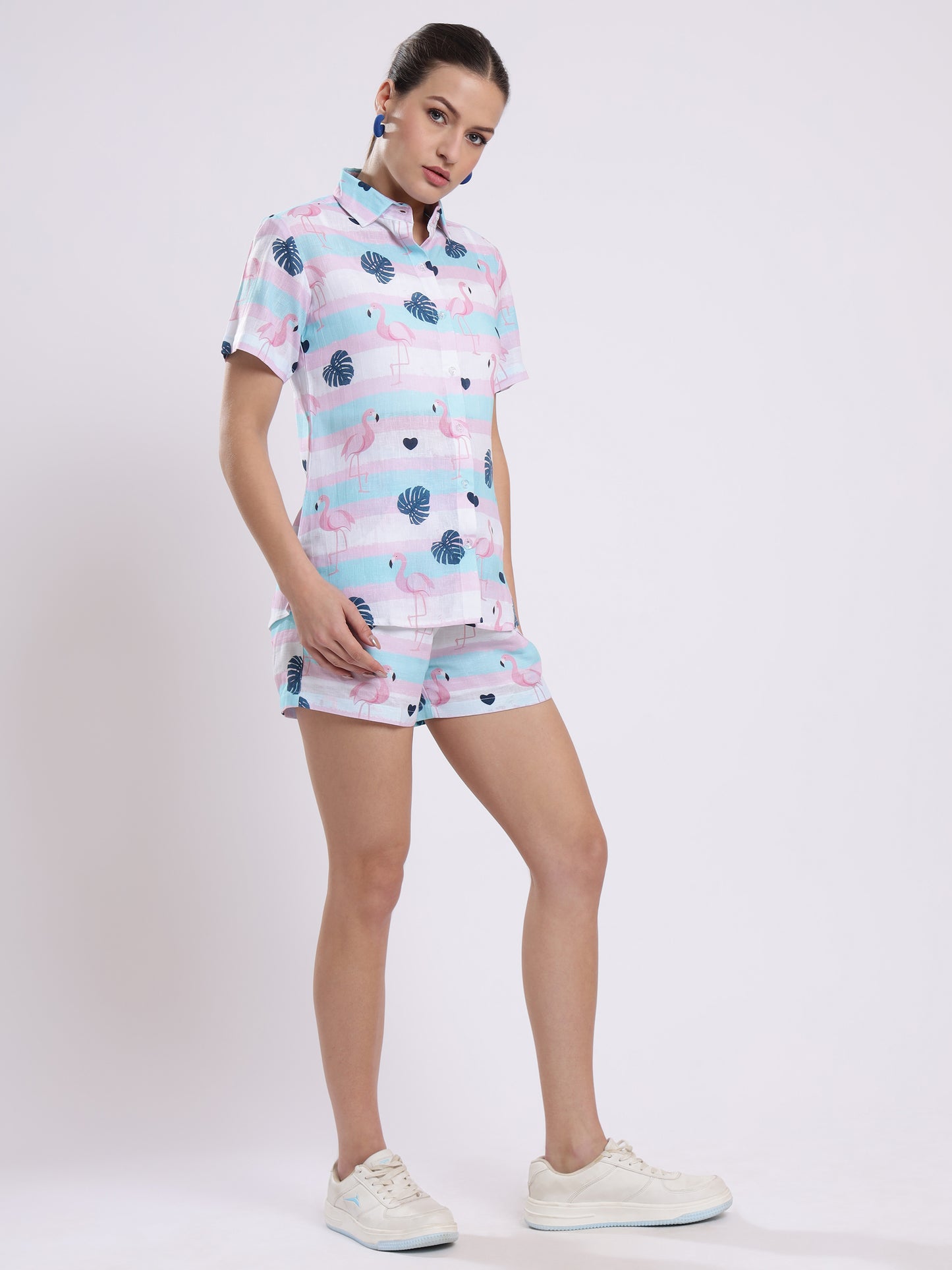 Flamingo Leaf Color Linen Women Shorts Co-Ord Set by Brand Black Jack