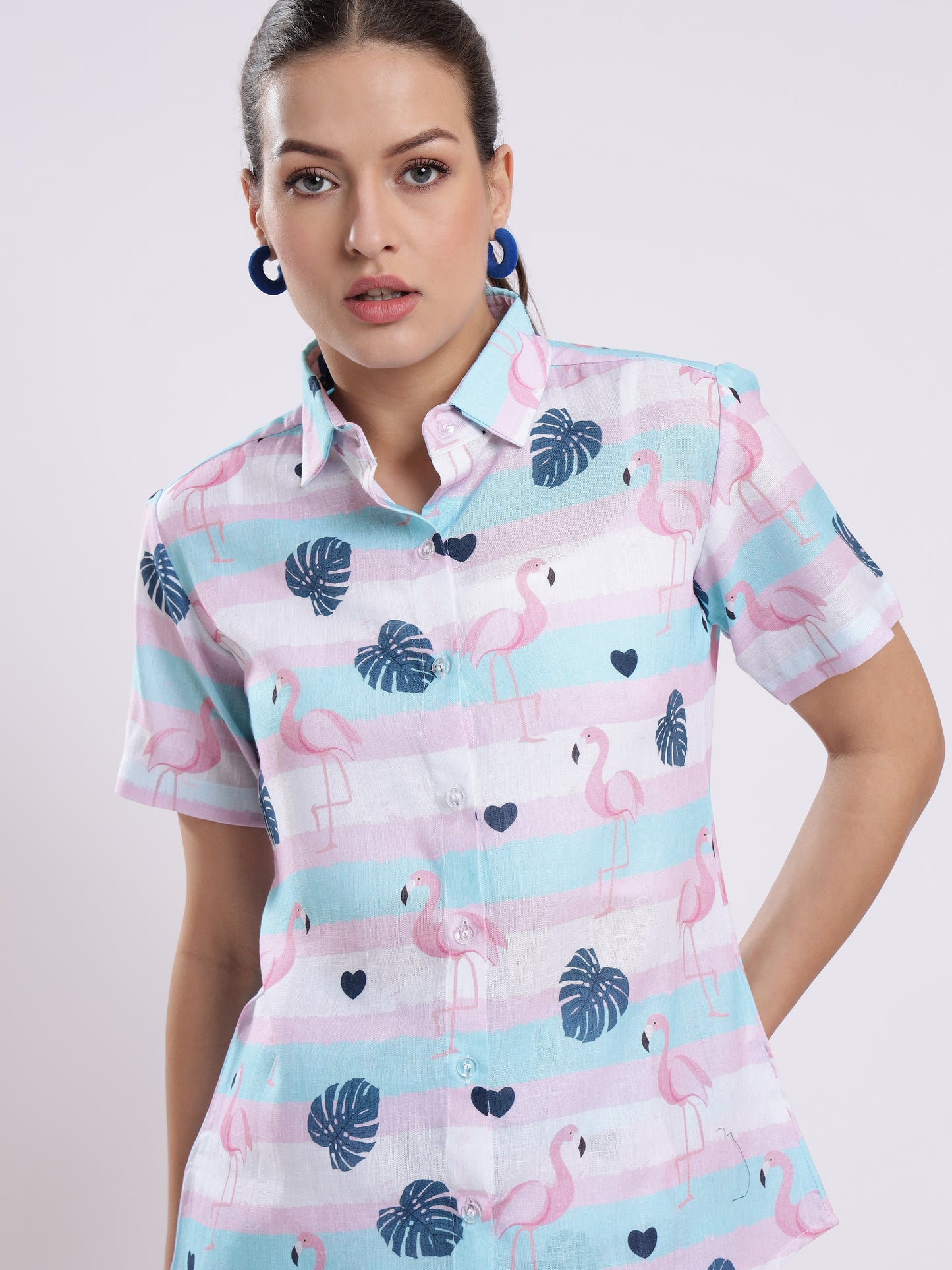 Flamingo Leaf Color Linen Women Shorts Co-Ord Set by Brand Black Jack