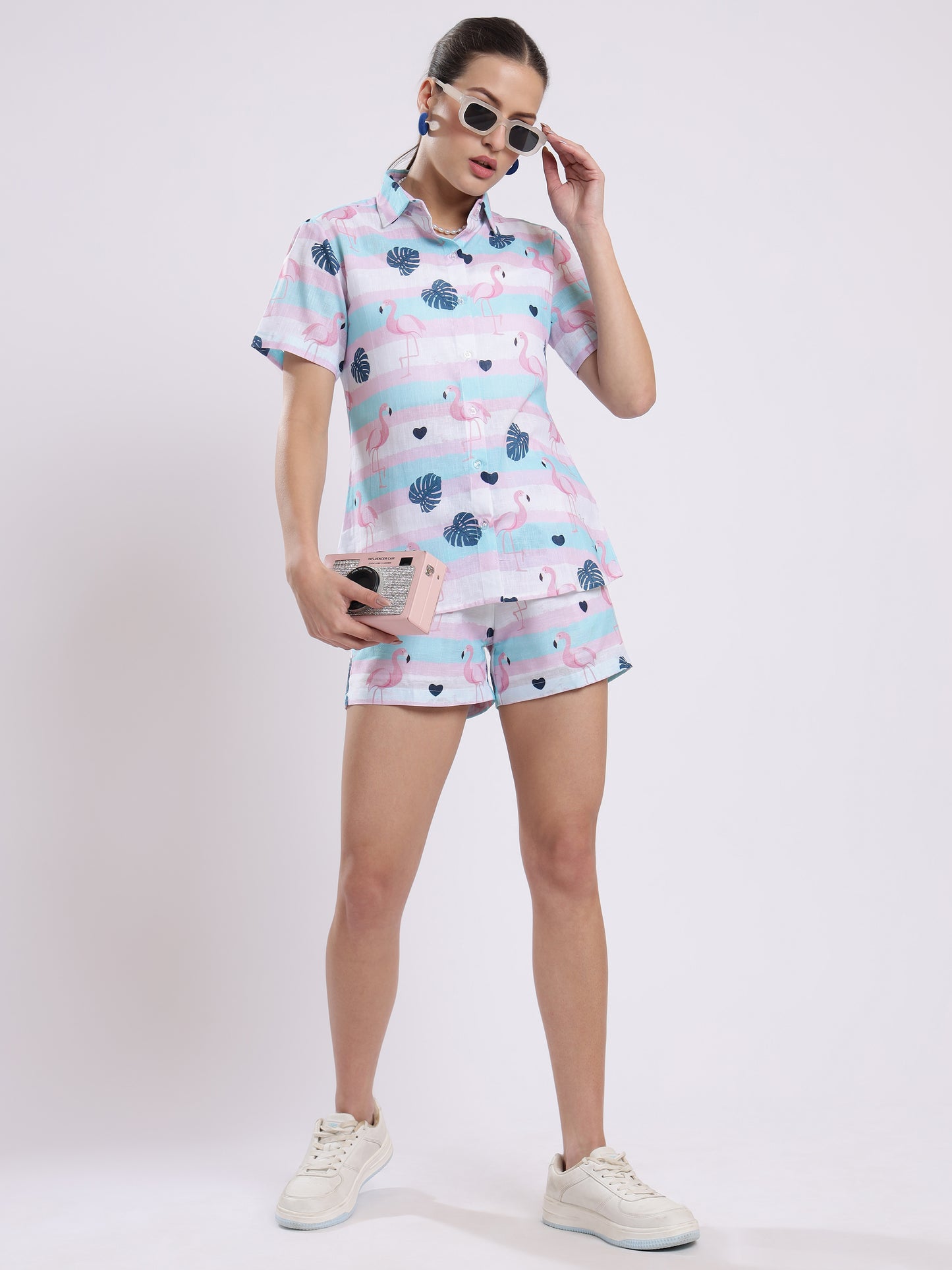Flamingo Leaf Color Linen Women Shorts Co-Ord Set by Brand Black Jack