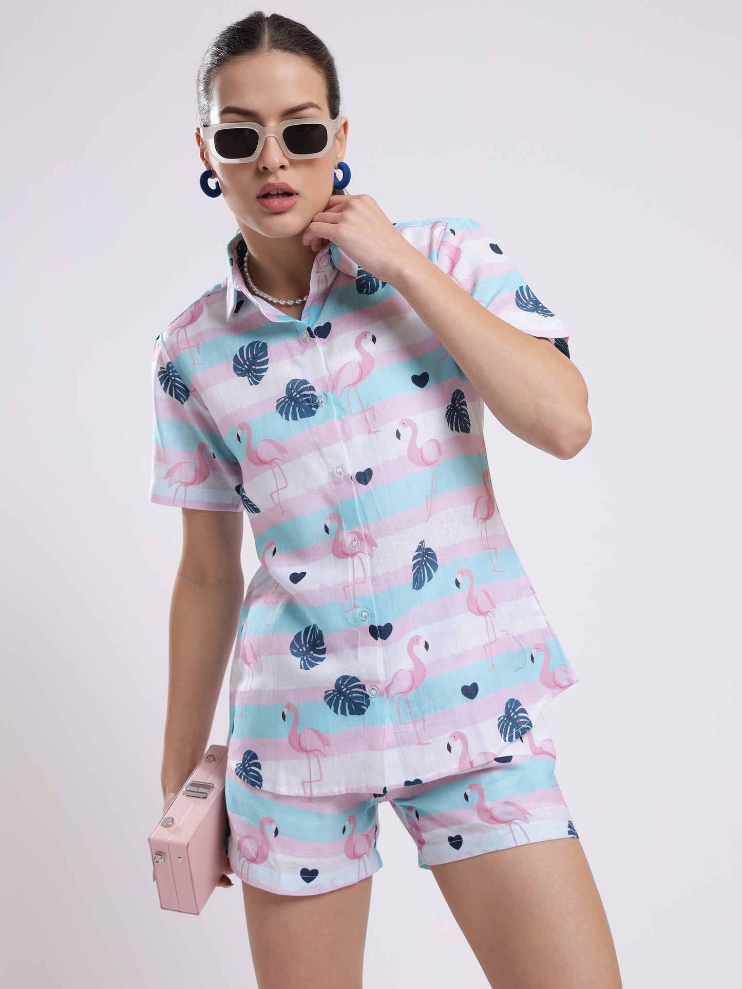 Flamingo Leaf Color Linen Women Shorts Co-Ord Set by Brand Black Jack