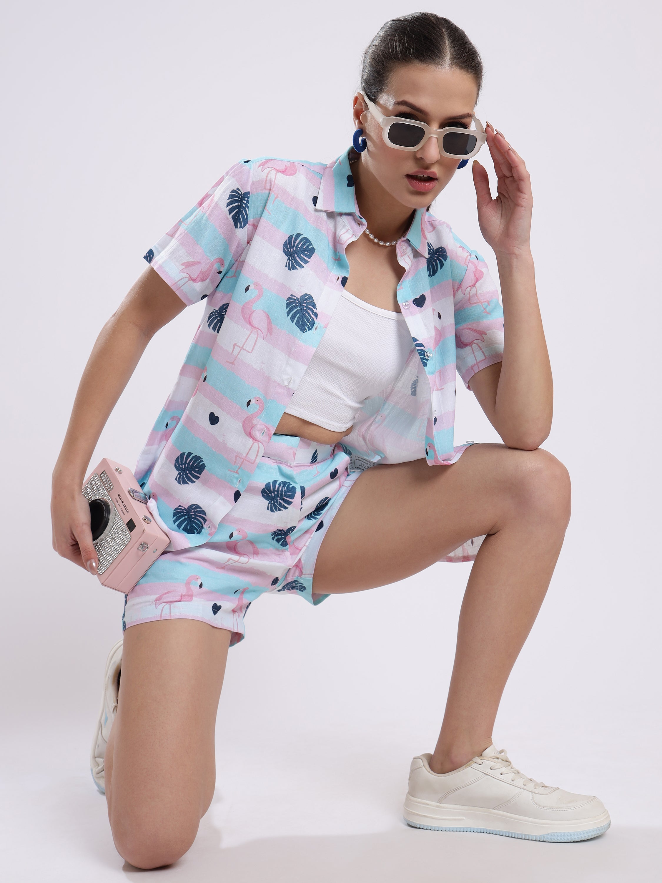 Flamingo Leaf Color Linen Women Shorts Co-Ord Set by Brand Black Jack