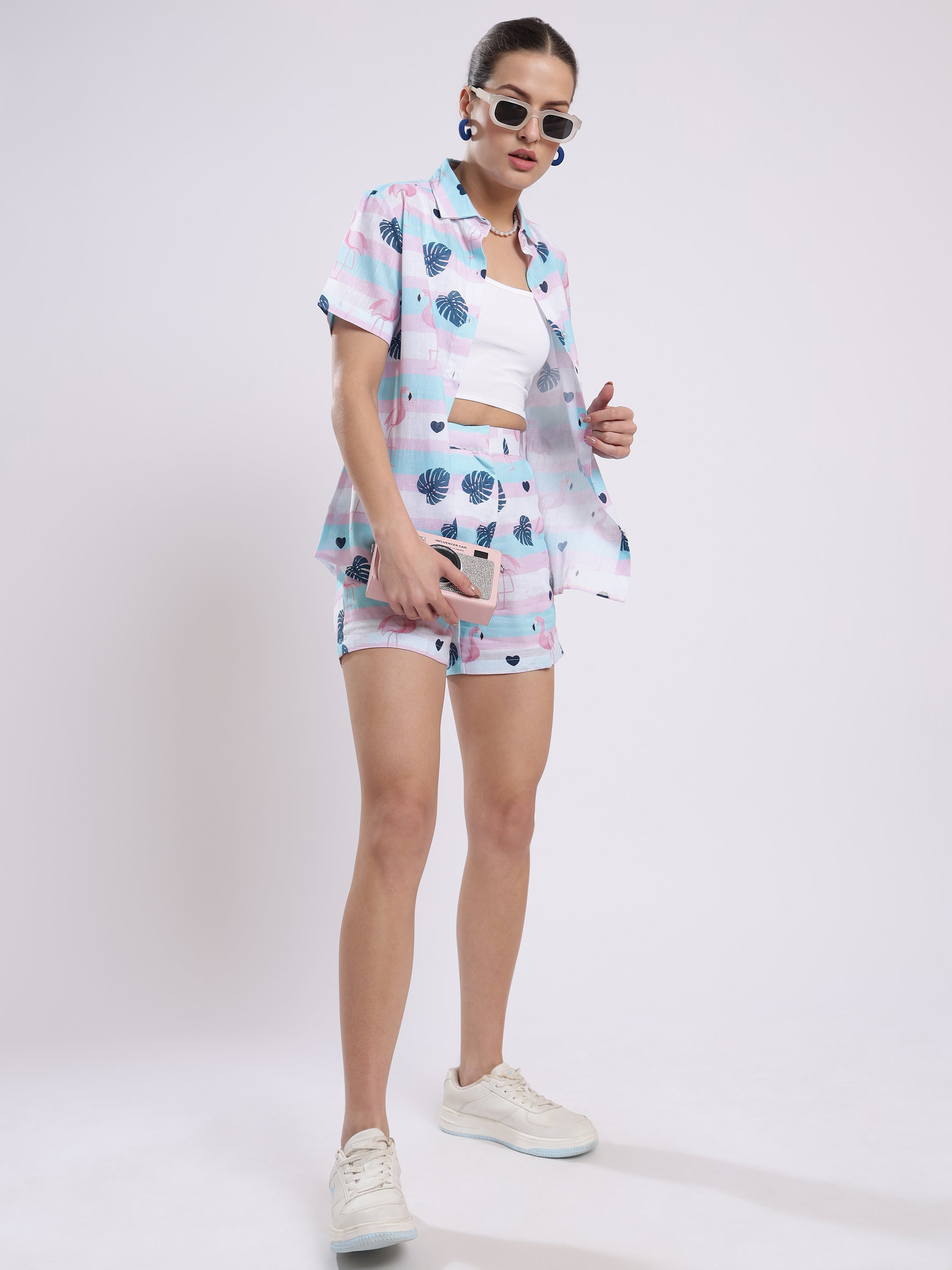 Flamingo Leaf Color Linen Women Shorts Co-Ord Set by Brand Black Jack