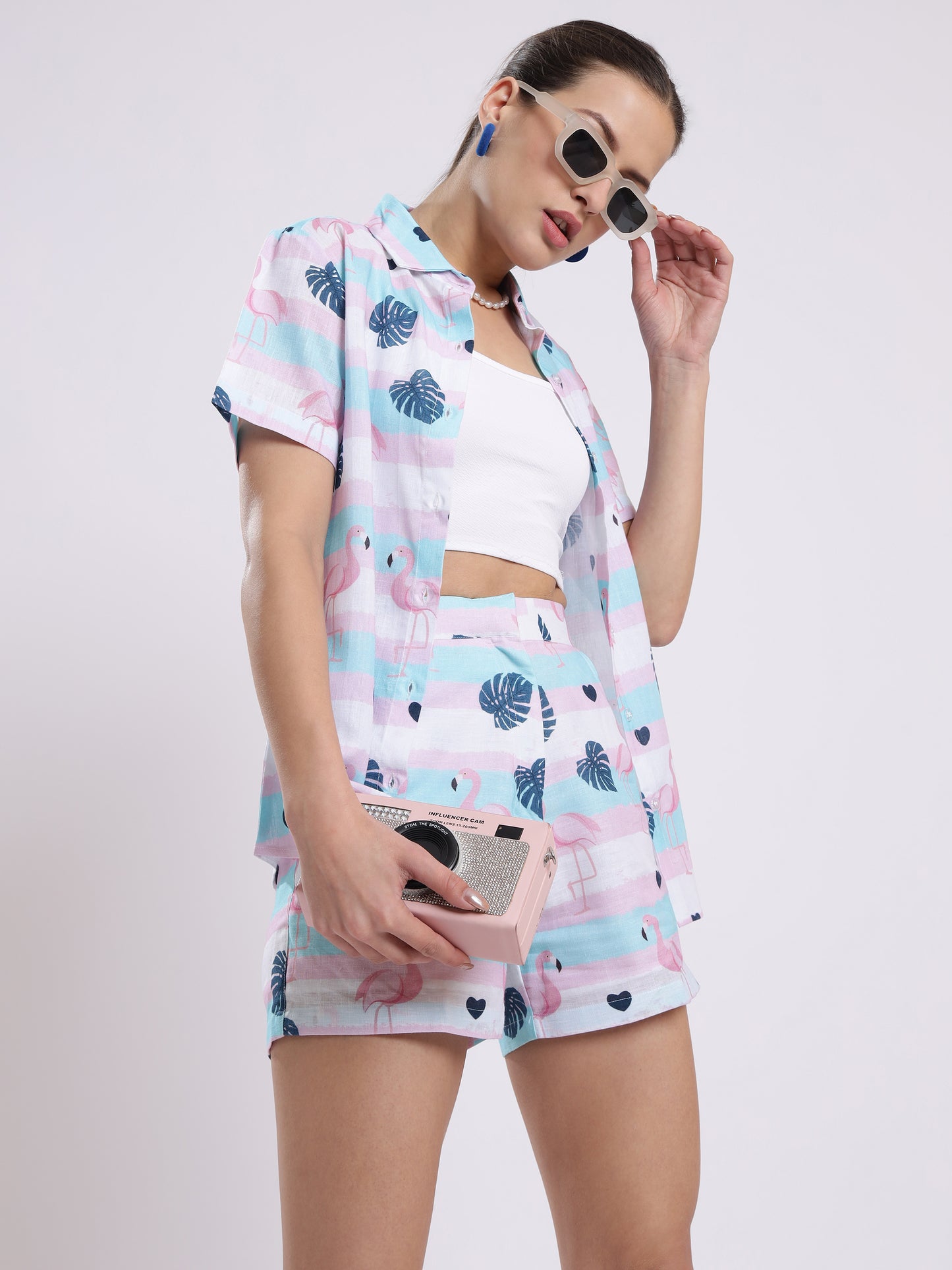 Flamingo Leaf Color Linen Women Shorts Co-Ord Set by Brand Black Jack