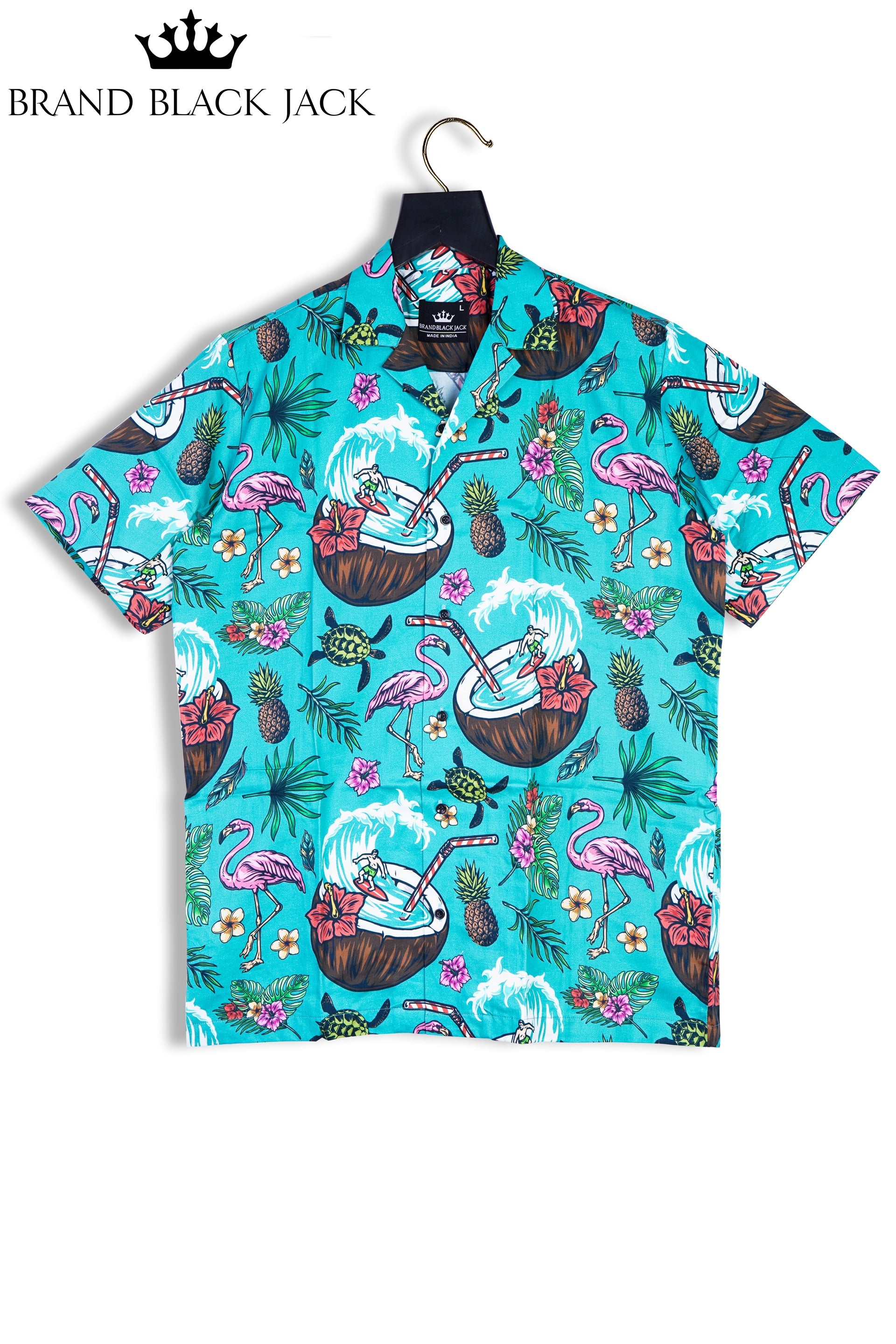 Pure Cotton Colorfull Scene For Beach Coconut in Surfing Man-Leaf And Flamigo Printed Shirt For Man By Brand Black Jack