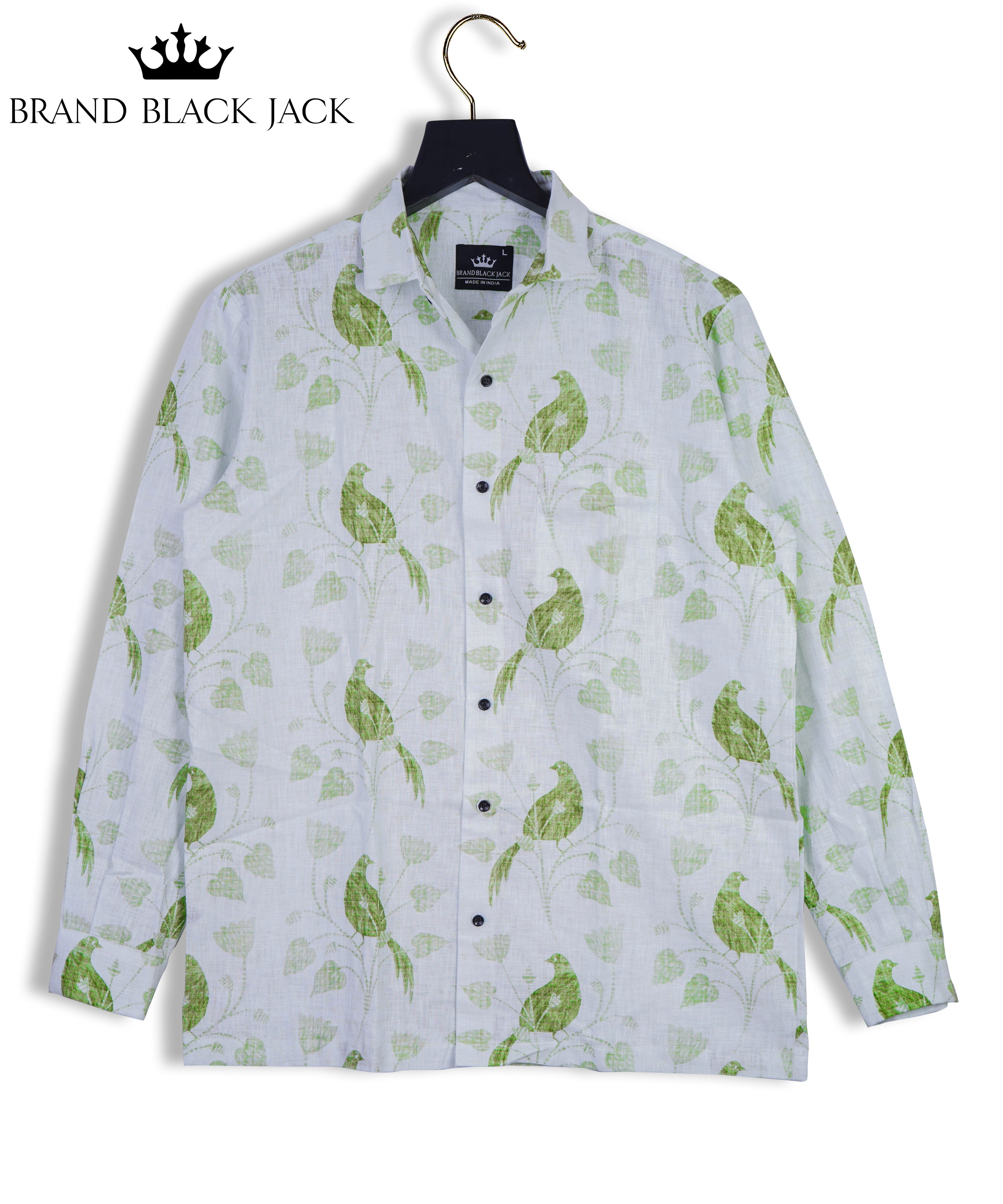 Pure Linen Light Green Leaf Bird Printed Shirt For Men Full Sleeve Shirt By Brand Black Jack