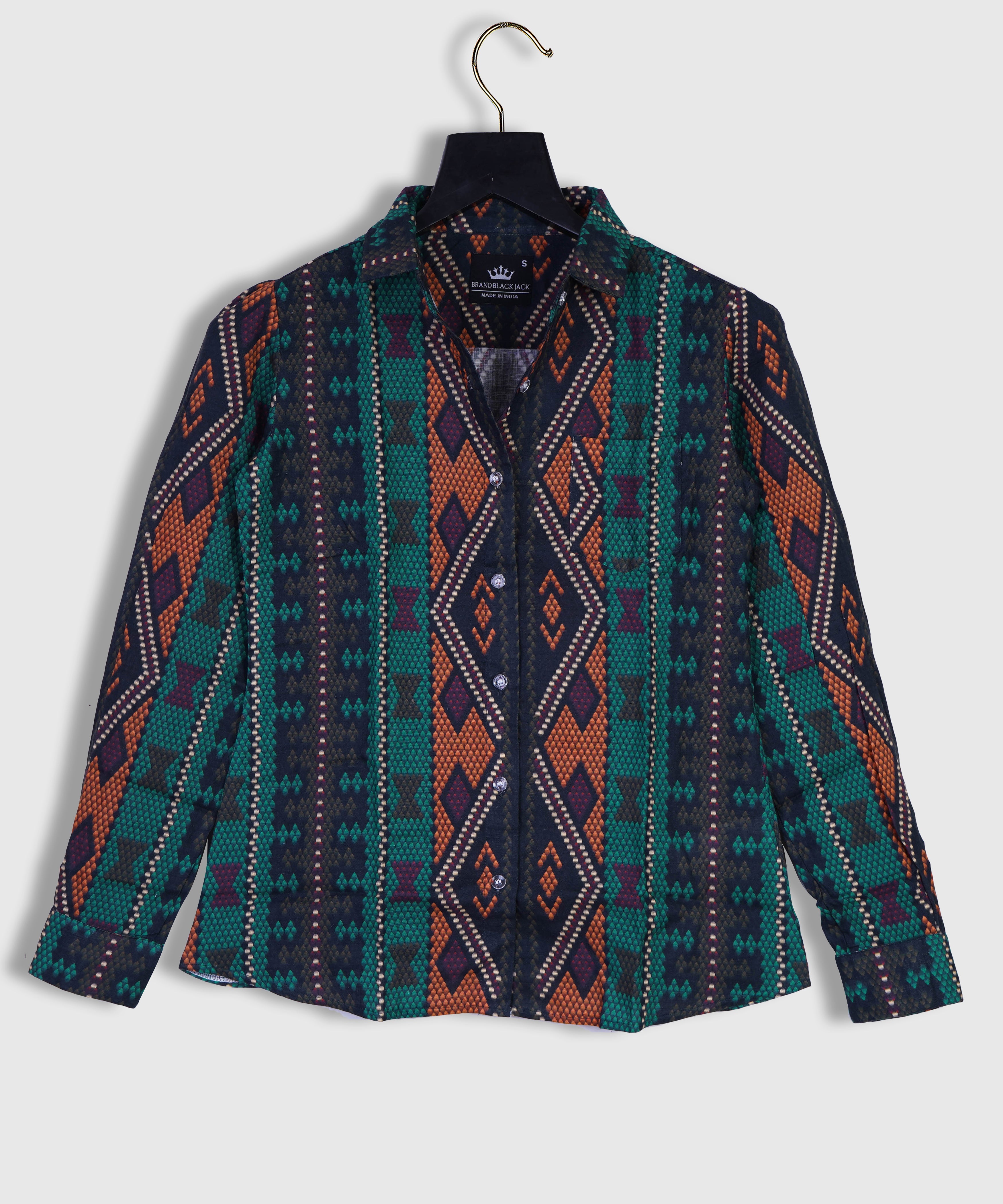 Linen  Al-Sadu embroidery bright, multicolor oriental ornaments Full Sleeve Printed Shirt By Brand Black Jack