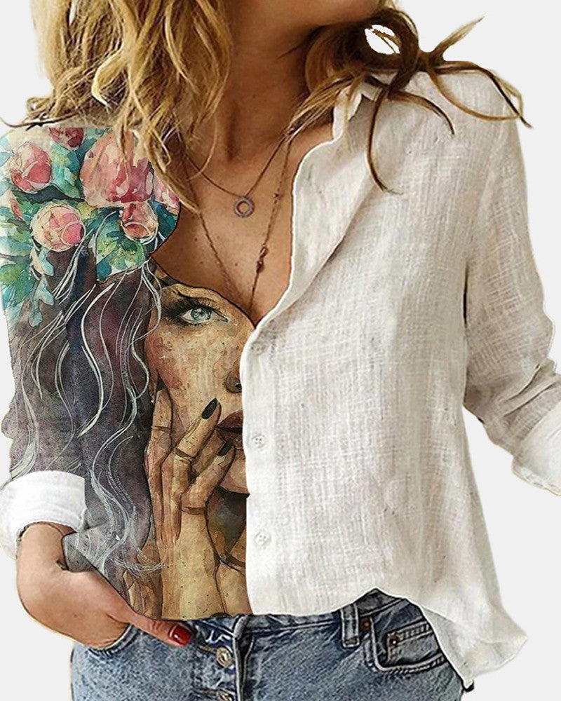 Women’s Artistic Print Linen Shirt – White Figure Casual Button Down with Graphic Design by Brand Black Jack