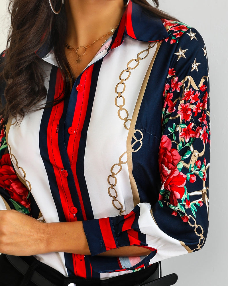 Floral & chains print casual blouse outlet